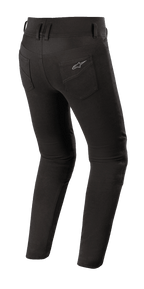 Alpinestars Banshee leggings til damer, sorte motorcykel leggings, set bagfra med figursyet pasform, baglommer med Alpinestars-logo, anatomisk strækstof til urban kørsel