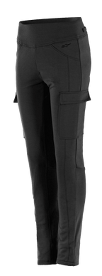 Alpinestars Women's Iria Leggings, Black motorcycle riding leggings, high-waisted slim fit, featuring a side cargo pocket with flap closure, subtle logo on the hip, durable textile construction for urban riding