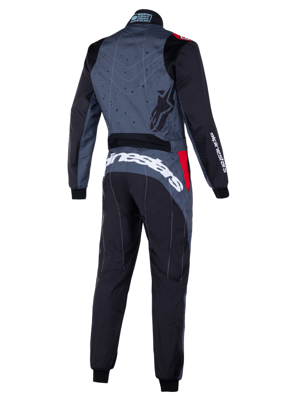 Alpinestars KMX-9 V3 Graphic 6 Suit, grå og sort kartingdragt med røde detaljer, set bagfra med grafisk mønstret ryg, tydelig hvid Alpinestars-branding på tværs af lænden og ergonomiske paneler til motorsport.