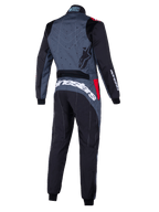 Alpinestars KMX-9 V3 Graphic 6 Suit, grå og sort kartingdragt med røde detaljer, set bagfra med grafisk mønstret ryg, tydelig hvid Alpinestars-branding på tværs af lænden og ergonomiske paneler til motorsport.