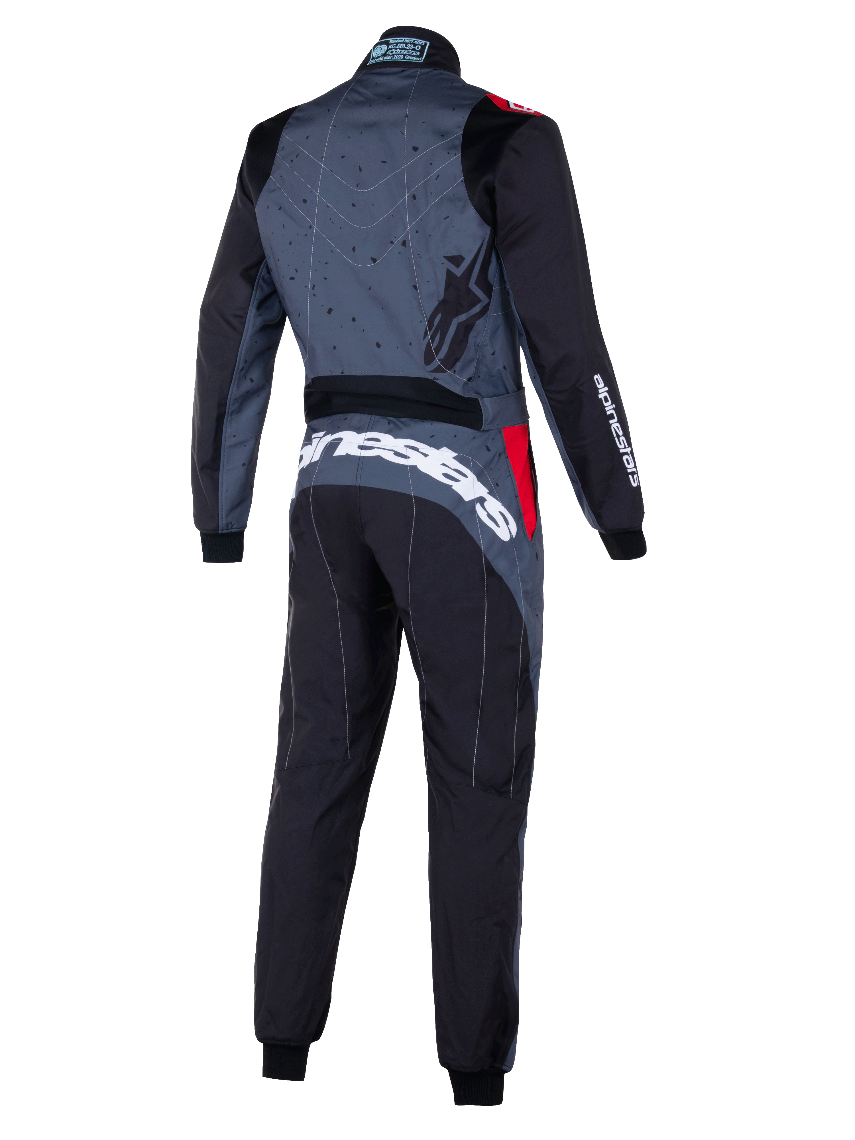 Alpinestars KMX-9 V3 Graphic 6 Suit, grå og sort kartingdragt med røde detaljer, set bagfra med grafisk mønstret ryg, tydelig hvid Alpinestars-branding på tværs af lænden og ergonomiske paneler til motorsport.