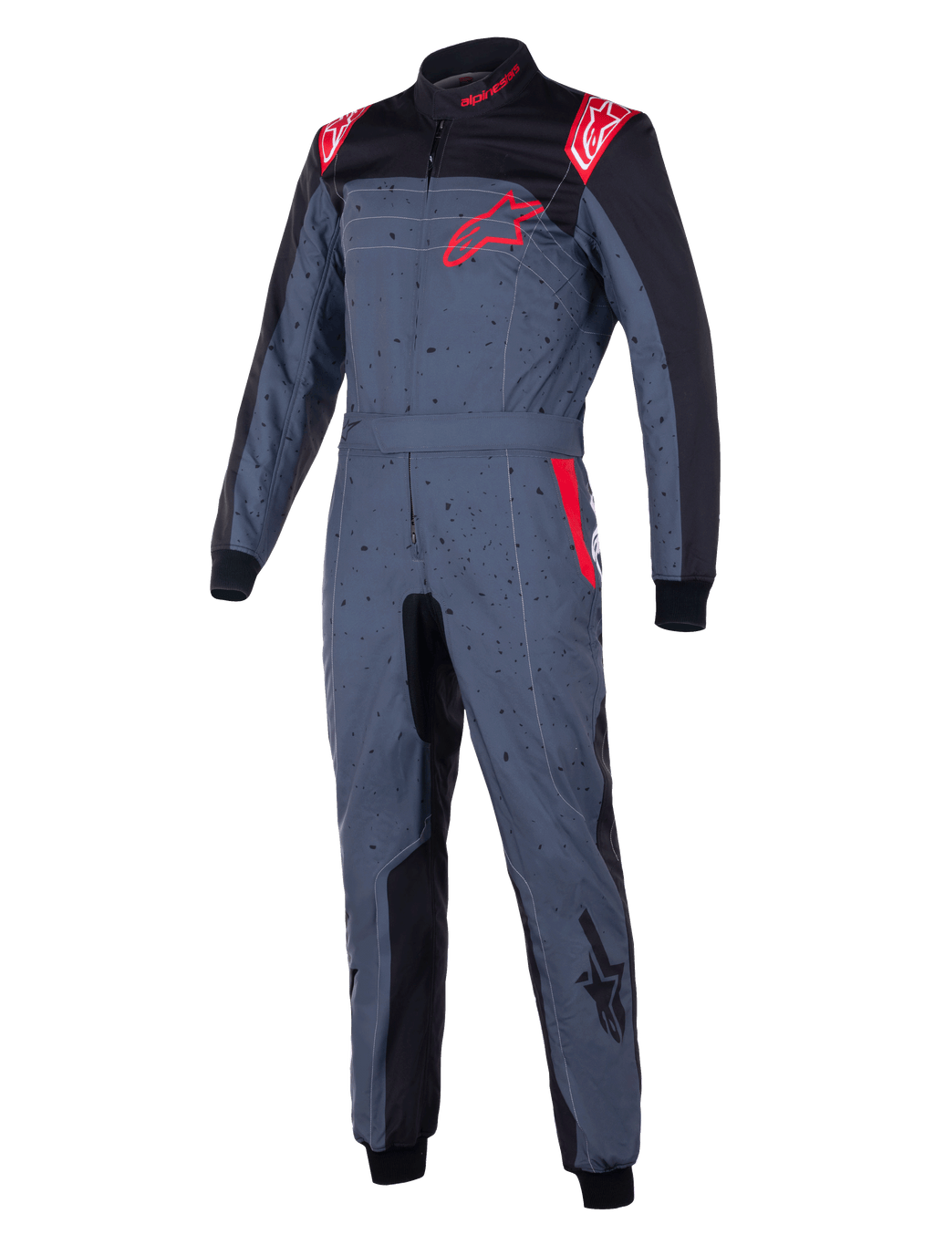 Alpinestars KMX-9 V3 Graphic 6 køredragt, kartingdragt, antracitgrå med sorte og røde detaljer, nistret grafisk design, rødt stjernelogo på brystet, sorte indvendige paneler og røde skulderdetaljer, professionelt motorsportsudstyr