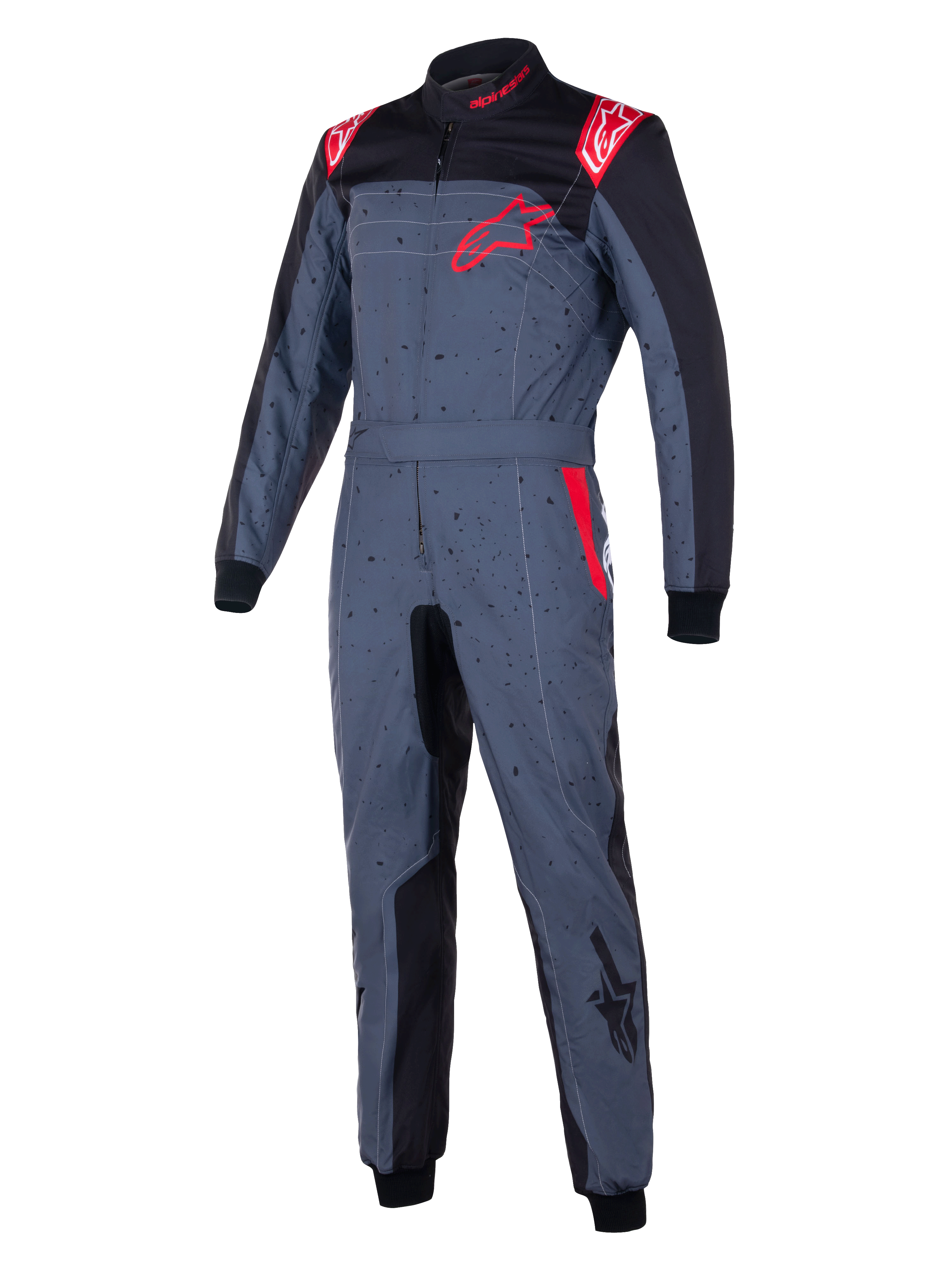 Alpinestars KMX-9 V3 Graphic 6 køredragt, kartingdragt, antracitgrå med sorte og røde detaljer, nistret grafisk design, rødt stjernelogo på brystet, sorte indvendige paneler og røde skulderdetaljer, professionelt motorsportsudstyr