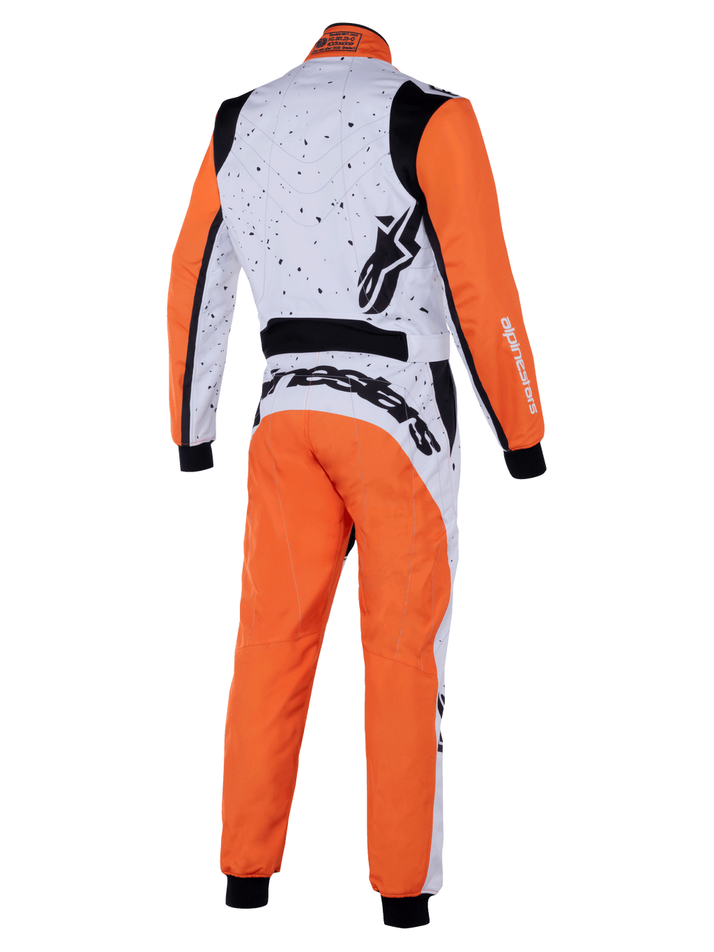 Alpinestars KMX-9 V3 Graphic 6 Suit, kartingdragt, hvid orange sort, set bagfra med nistret grafik på hvid overdel, orange ærmer og ben, sorte strækpaneler og fremtrædende Alpinestars-branding