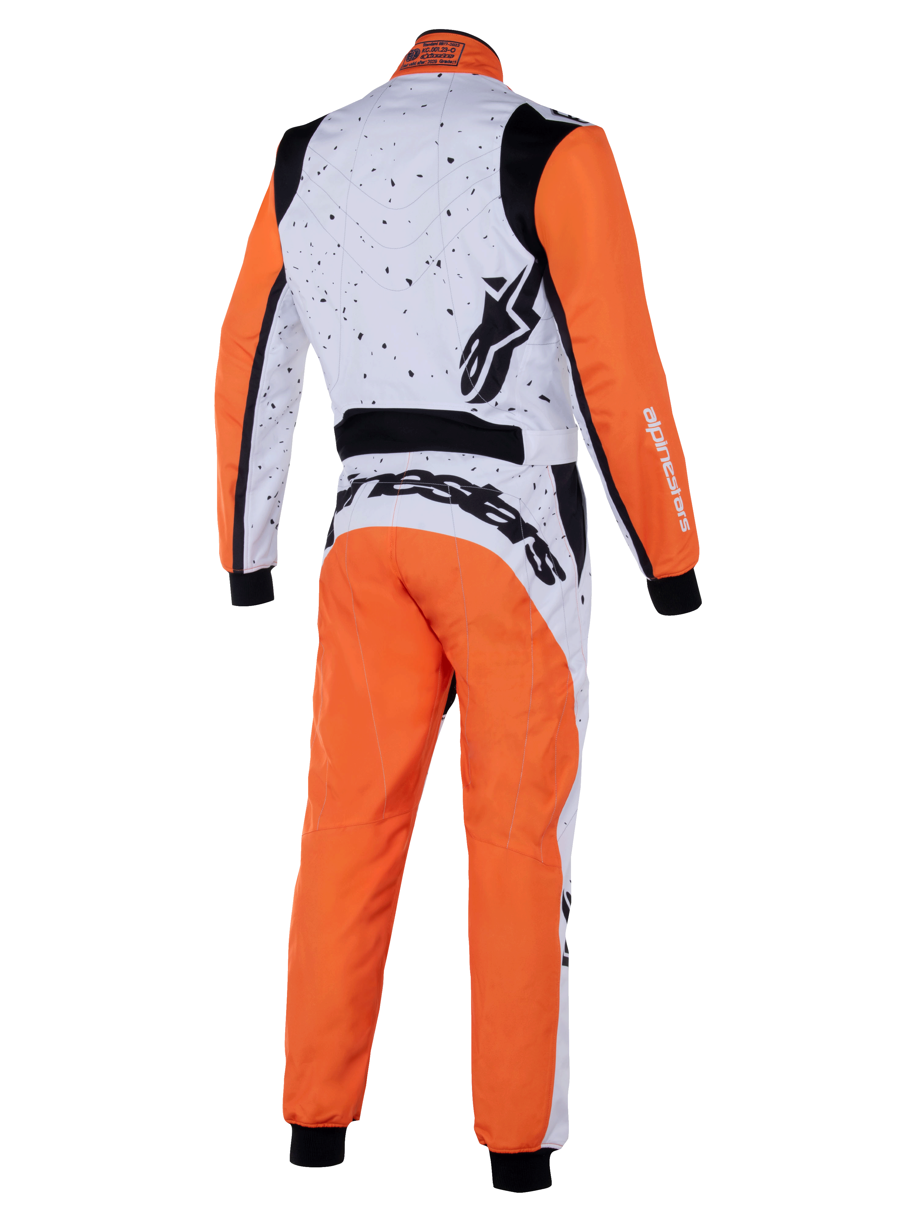 Alpinestars KMX-9 V3 Graphic 6 Suit, kartingdragt, hvid orange sort, set bagfra med nistret grafik på hvid overdel, orange ærmer og ben, sorte strækpaneler og fremtrædende Alpinestars-branding