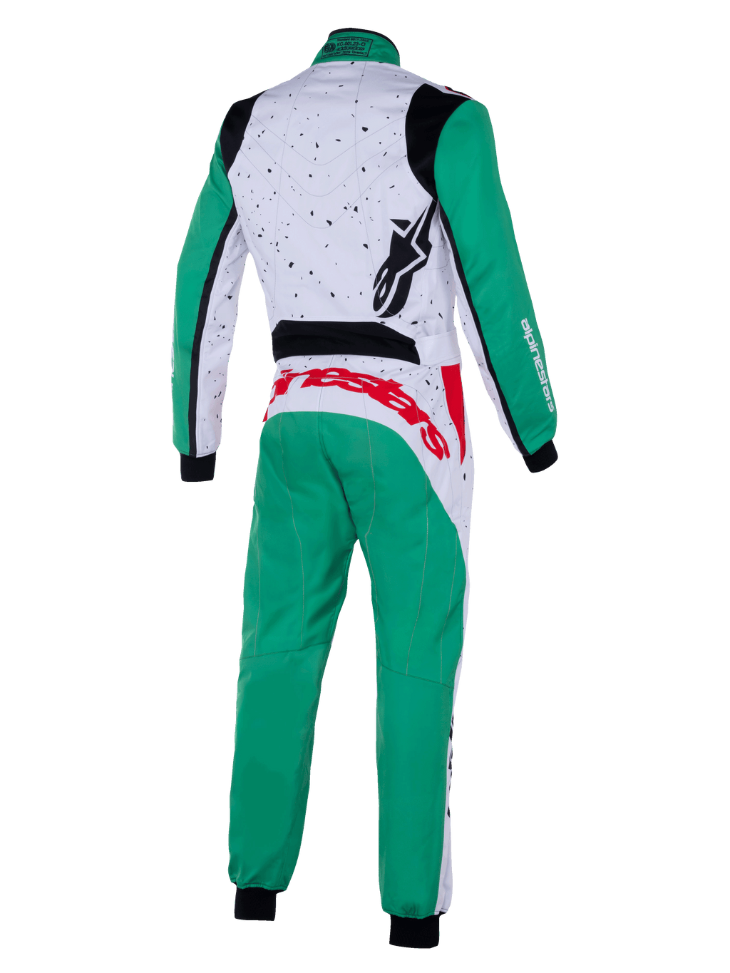 Alpinestars KMX-9 V3 Graphic 6 dragt, kartingdragt, hvid, grøn og rød, set bagfra, med et plettet grafisk mønster på den øverste del af ryggen, grønne ben og ærmer, markant rød branding på den nederste del af ryggen og sorte strækpaneler