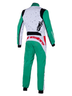 Alpinestars KMX-9 V3 Graphic 6 dragt, kartingdragt, hvid, grøn og rød, set bagfra, med et plettet grafisk mønster på den øverste del af ryggen, grønne ben og ærmer, markant rød branding på den nederste del af ryggen og sorte strækpaneler