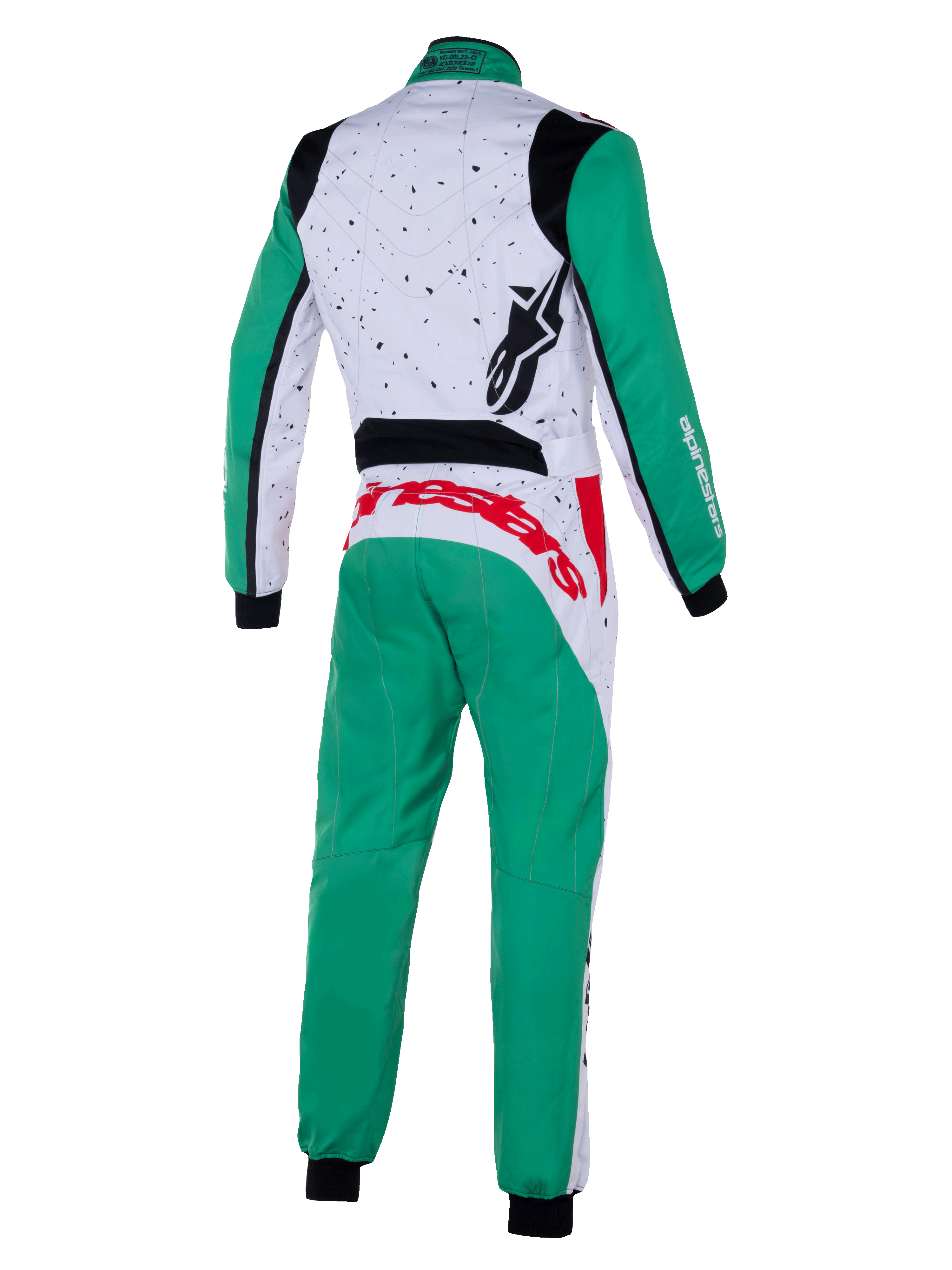 Alpinestars KMX-9 V3 Graphic 6 dragt, kartingdragt, hvid, grøn og rød, set bagfra, med et plettet grafisk mønster på den øverste del af ryggen, grønne ben og ærmer, markant rød branding på den nederste del af ryggen og sorte strækpaneler