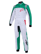 Alpinestars KMX-9 V3 Graphic 6-dragt, kartingdragt, hvid, grøn og rød, hvid overdel med sort plettet grafik, grønne sidepaneler på ben og skuldre, rødt Alpinestars-logo på brystet, sorte manchetter ved håndled og ankler