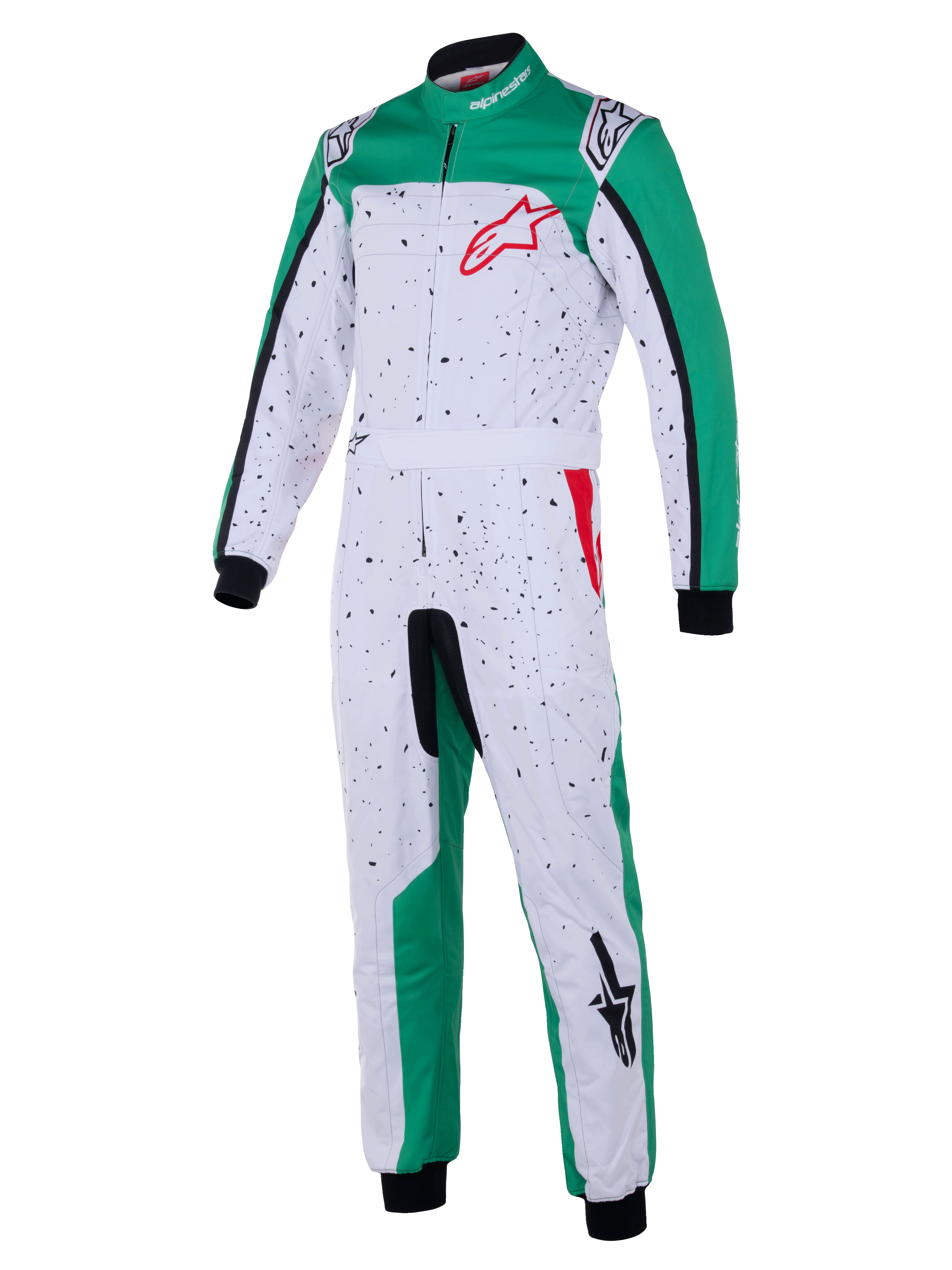 Alpinestars KMX-9 V3 Graphic 6-dragt, kartingdragt, hvid, grøn og rød, hvid overdel med sort plettet grafik, grønne sidepaneler på ben og skuldre, rødt Alpinestars-logo på brystet, sorte manchetter ved håndled og ankler