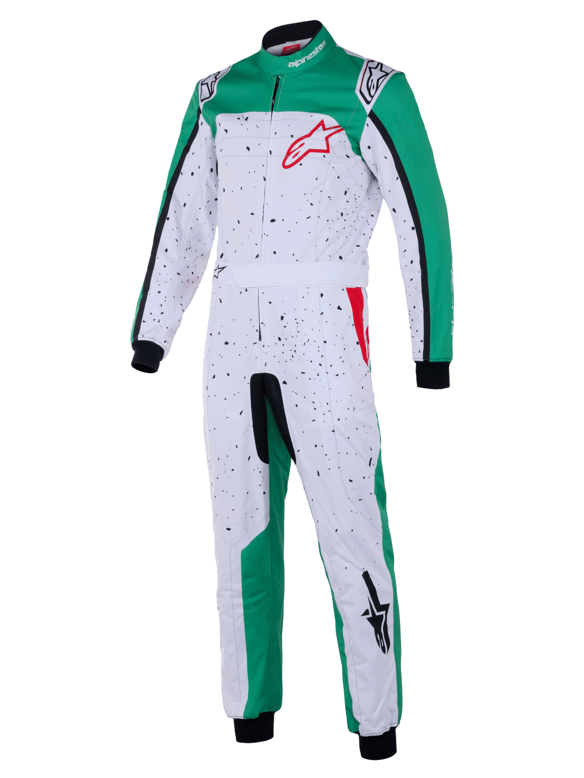 Alpinestars Youth KMX-9 V3 Graphic 6 Suit, karting-racerdragt, hvid, grøn og rød, med sort spættet mønster på hvid bund, grønne paneler, integreret taljebælte, sorte manchetter og røde logo-detaljer, motorsportsbeklædning til unge