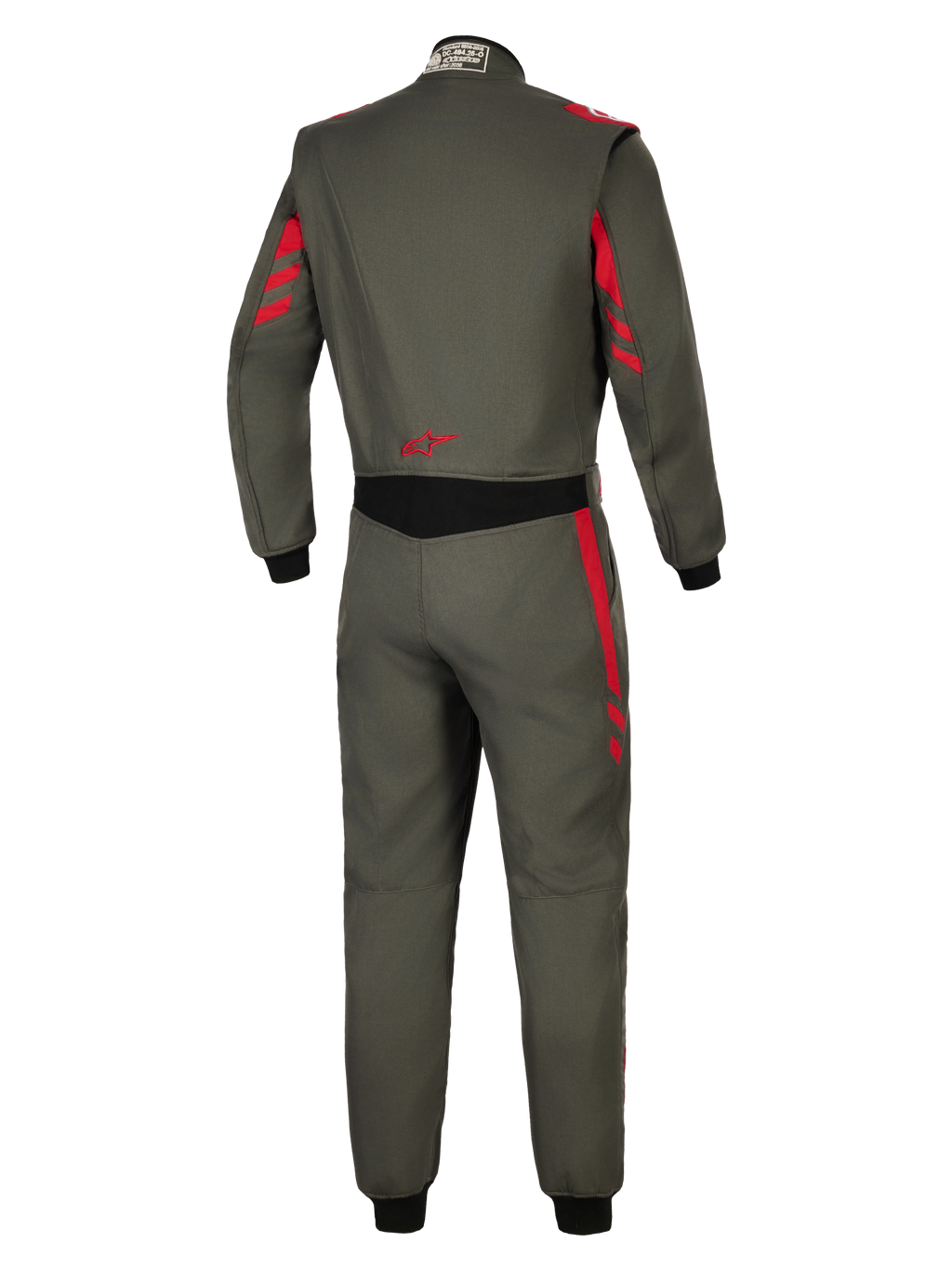 Alpinestars GP Race V3 Suit FIA, auto-køredragt, antracit-rød, set bagfra med mørkegråt tekstil og røde stribedetaljer på skuldre og ærmer, sort strækpanel i taljen, rødt stjernelogo på lænden, professionel motorsportbeskyttelse