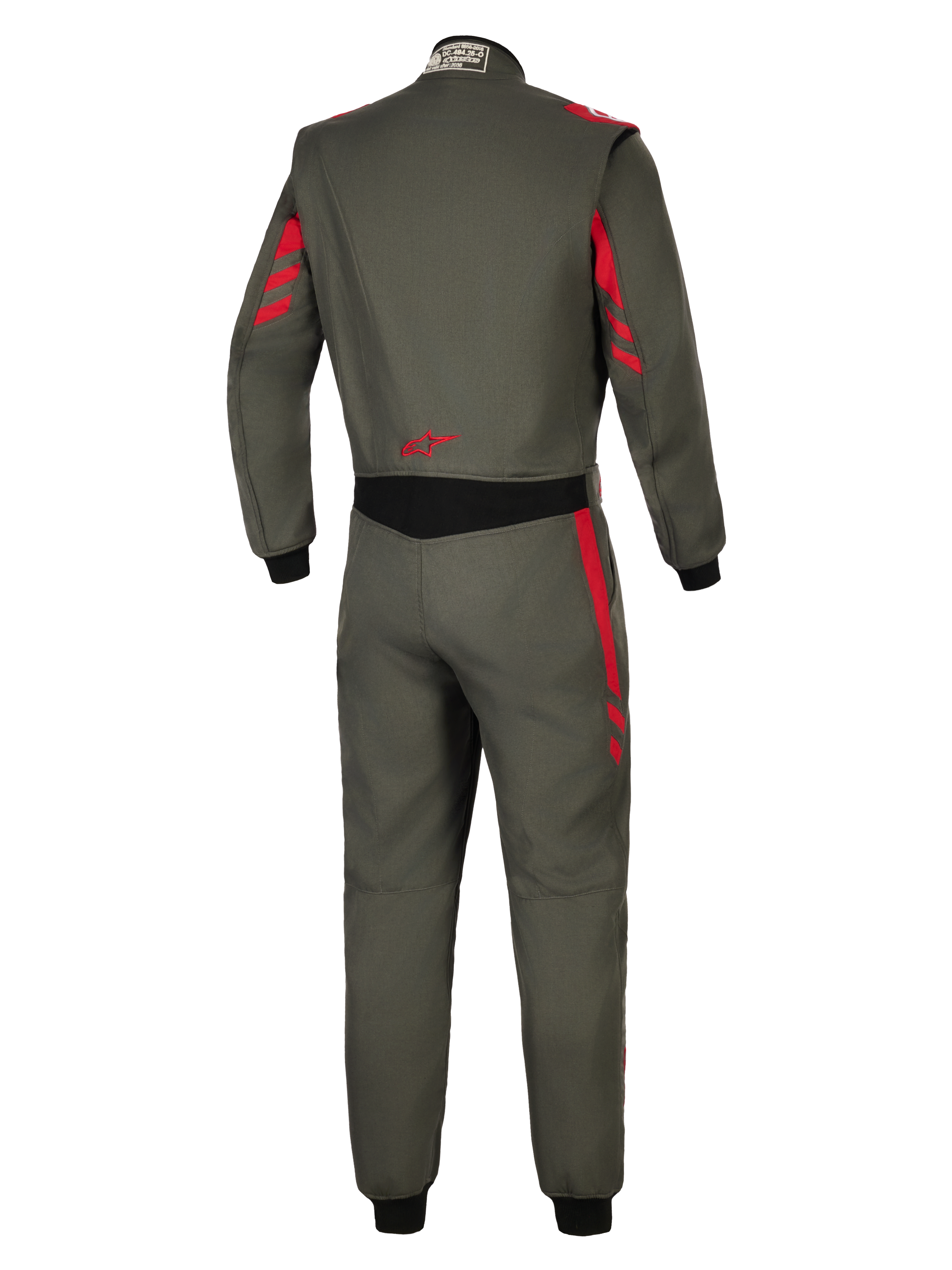 Alpinestars GP Race V3 Suit FIA, auto-køredragt, antracit-rød, set bagfra med mørkegråt tekstil og røde stribedetaljer på skuldre og ærmer, sort strækpanel i taljen, rødt stjernelogo på lænden, professionel motorsportbeskyttelse