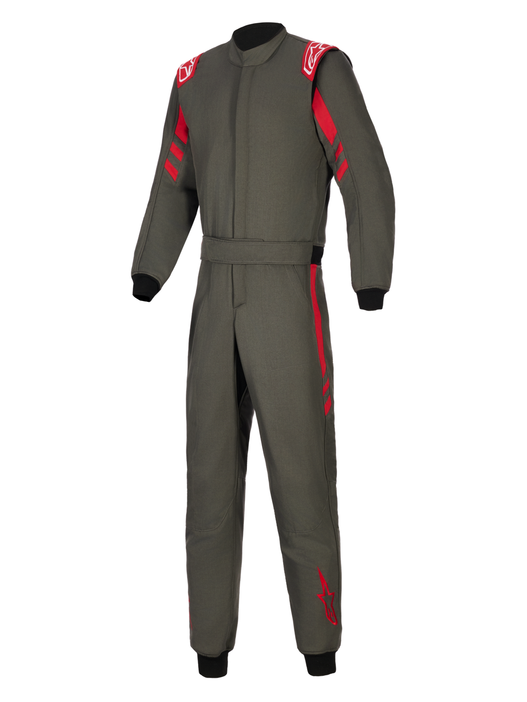 Alpinestars GP Race V3 Køredragt FIA, auto-racerdragt, antracitgrå med røde detaljer, med røde skulder-epauletter, røde striber på ærmer og ben, sorte ribstrikkede manchetter og justerbar talje med bælte, professionelt motorsportudstyr