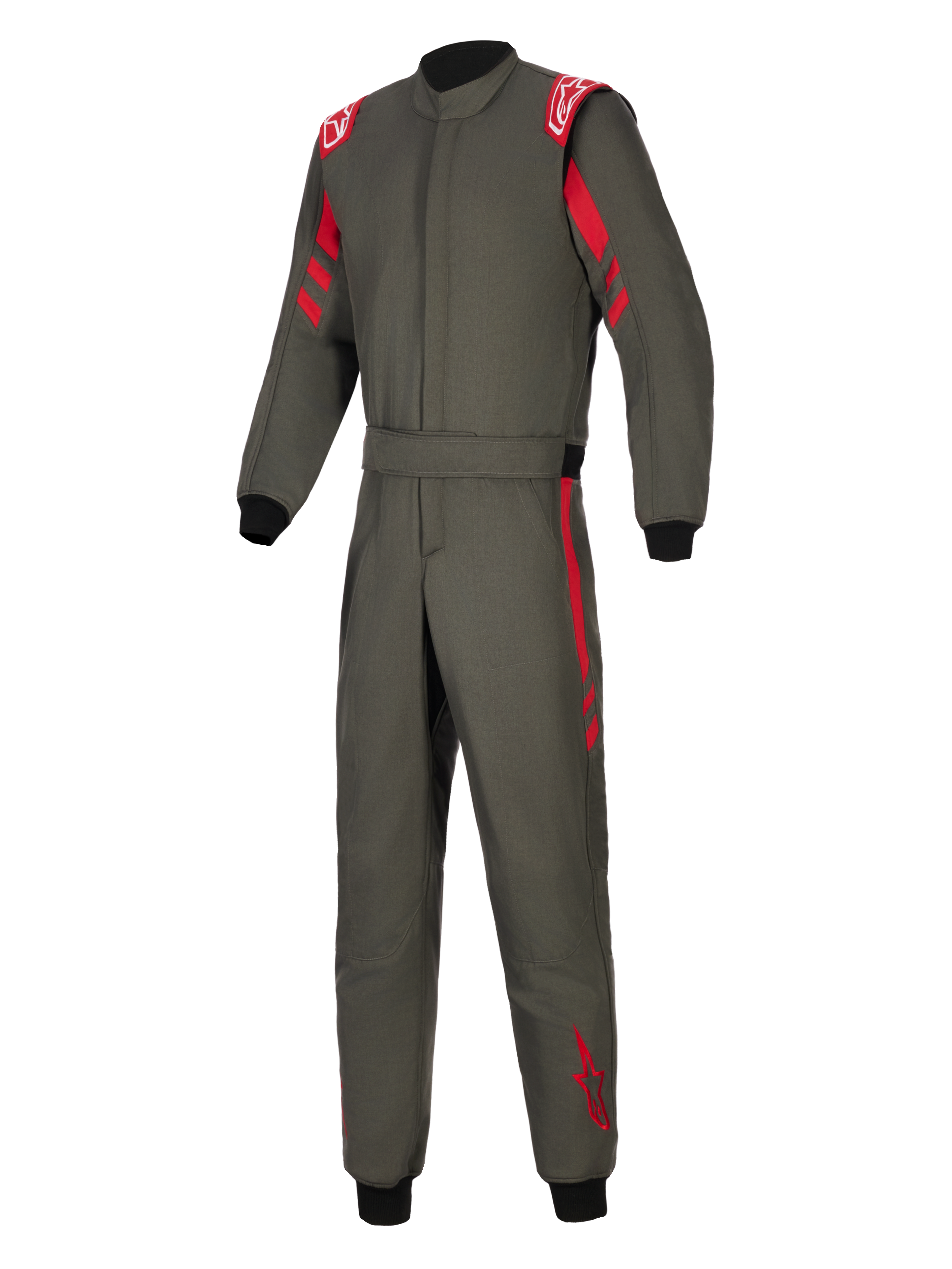 Alpinestars GP Race V3 Køredragt FIA, auto-racerdragt, antracitgrå med røde detaljer, med røde skulder-epauletter, røde striber på ærmer og ben, sorte ribstrikkede manchetter og justerbar talje med bælte, professionelt motorsportudstyr