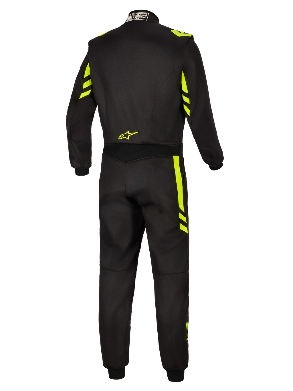 Alpinestars GP Race V3 Køredragt FIA, auto-racerdragt, sort og fluoriserende gul, set bagfra med fluoriserende gule detaljer på skuldre og ben, lille gult logo på lænden og FIA-certificeringsmærke på kraven.