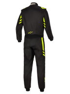 Alpinestars GP Race V3 Køredragt FIA, auto-racerdragt, sort og fluoriserende gul, set bagfra med fluoriserende gule detaljer på skuldre og ben, lille gult logo på lænden og FIA-certificeringsmærke på kraven.