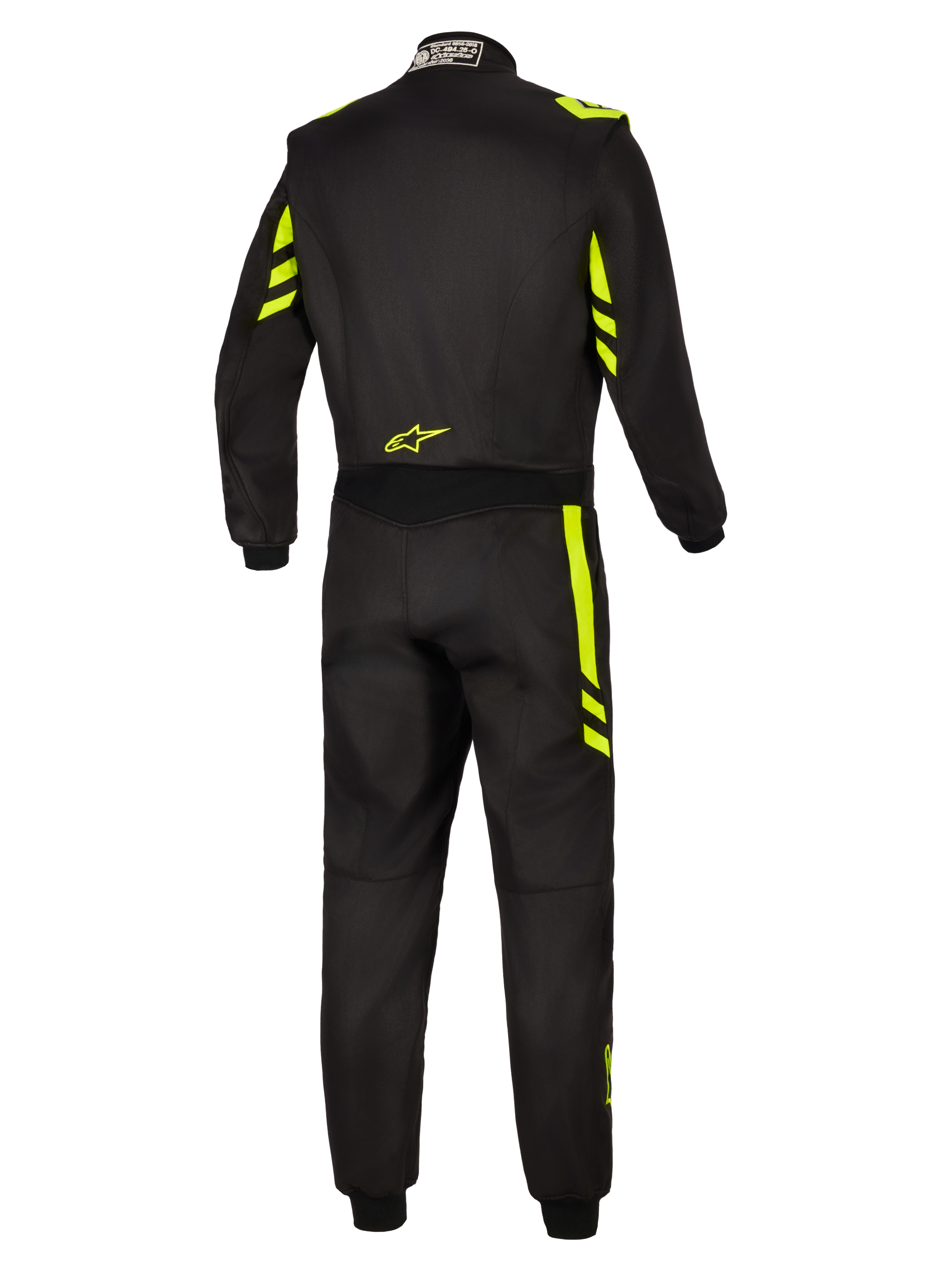 Alpinestars GP Race V3 Køredragt FIA, auto-racerdragt, sort og fluoriserende gul, set bagfra med fluoriserende gule detaljer på skuldre og ben, lille gult logo på lænden og FIA-certificeringsmærke på kraven.
