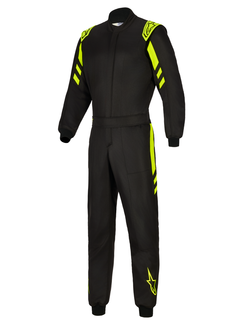 Alpinestars GP Race V3 Suit FIA, køredragt til biler, sort og gul fluo, set forfra i fuld længde med fluorescerende gule detaljer på skuldre, arme og ben, professionel brandsikker racerdragt med Alpinestars-branding.