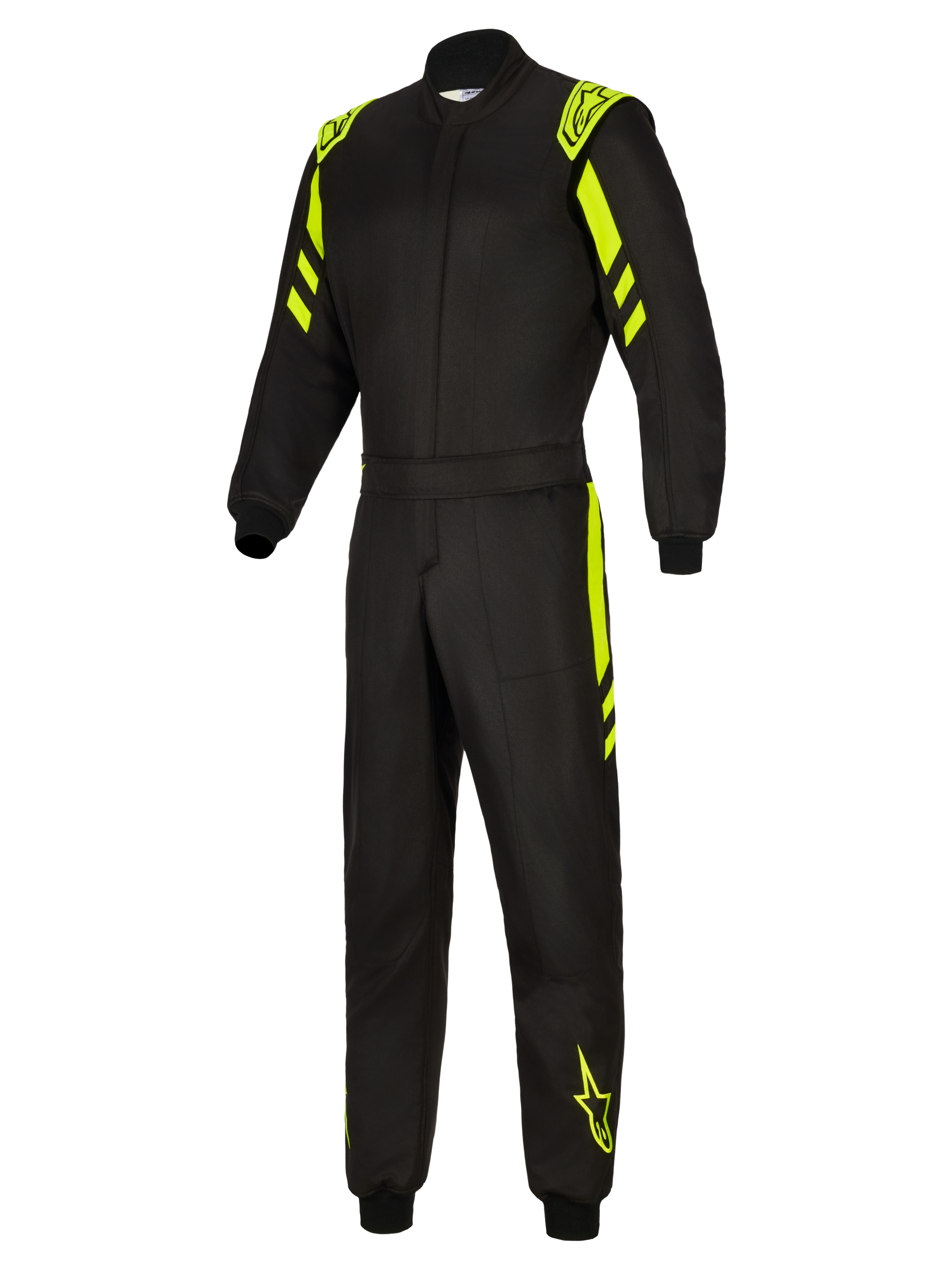 Alpinestars GP Race V3 Suit FIA, køredragt til biler, sort og gul fluo, set forfra i fuld længde med fluorescerende gule detaljer på skuldre, arme og ben, professionel brandsikker racerdragt med Alpinestars-branding.