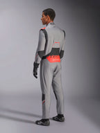 Alpinestars Hypertech V3-dragt i Mid Gray Black Red Fluo, set bagfra i trekvart profil, med markant rød Alpinestars-branding på lænden, sorte strækpaneler og en slank atletisk pasform til professionel autoracing.