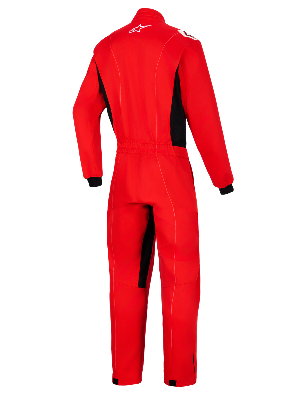 Alpinestars Kart Indoor V2 Suit, rød, set bagfra af gokartdragt med sorte sidepaneler og detaljer på indersiden af benene, hvidt Astars-logo i nakken og elastik i taljen.