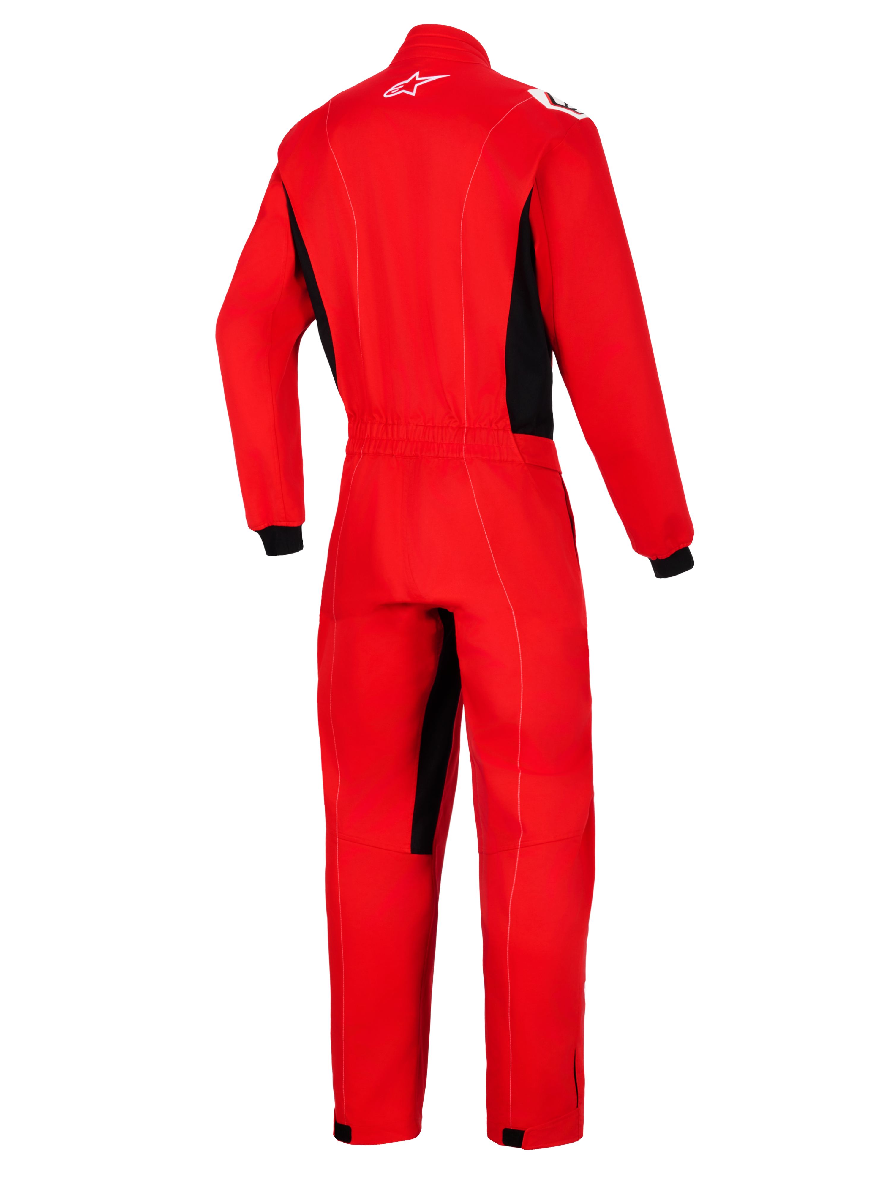 Alpinestars Kart Indoor V2 Suit, rød, set bagfra af gokartdragt med sorte sidepaneler og detaljer på indersiden af benene, hvidt Astars-logo i nakken og elastik i taljen.