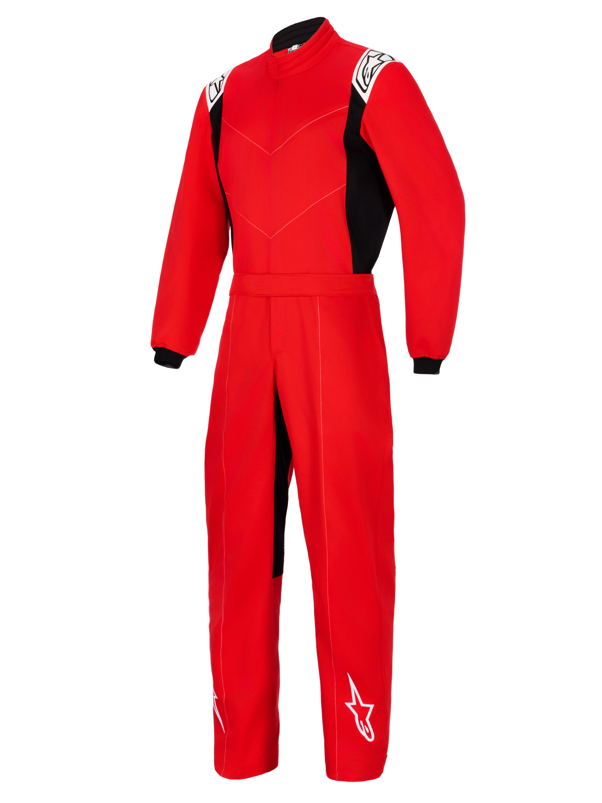 Alpinestars Kart Indoor V2 Suit, rød kartingdragt i ét stykke med sorte sidepaneler, hvide logoer på skuldre og underben, høj krave og elastisk taljebælte, designet til rekreativ karting.