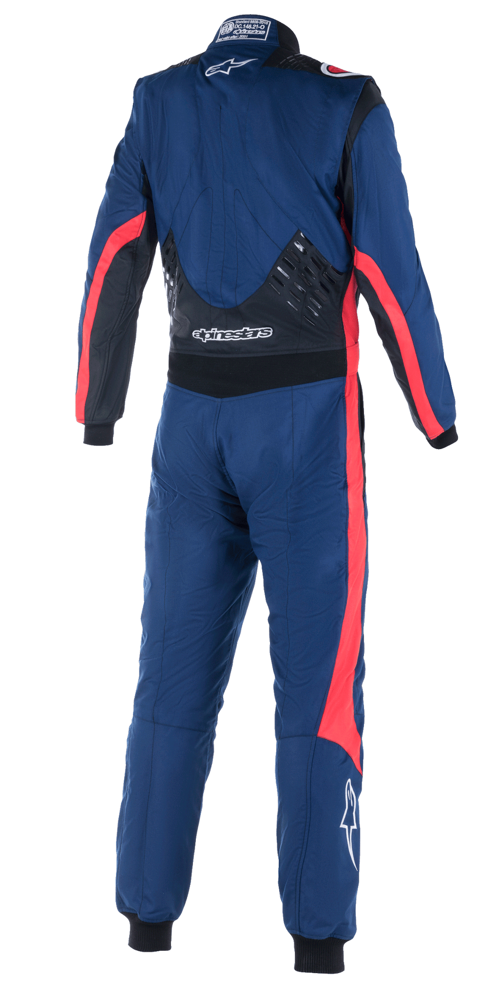 Alpinestars GP Pro Comp V2 FIA Suit, set bagfra af helkrops køredragt til bilsport, marineblå med sorte og røde detaljer, med silikonegrebspaneler på den nederste del af ryggen, røde racerstriber på ærmer og ben, og hvid Alpinestars-branding, professionelt performance-udstyr