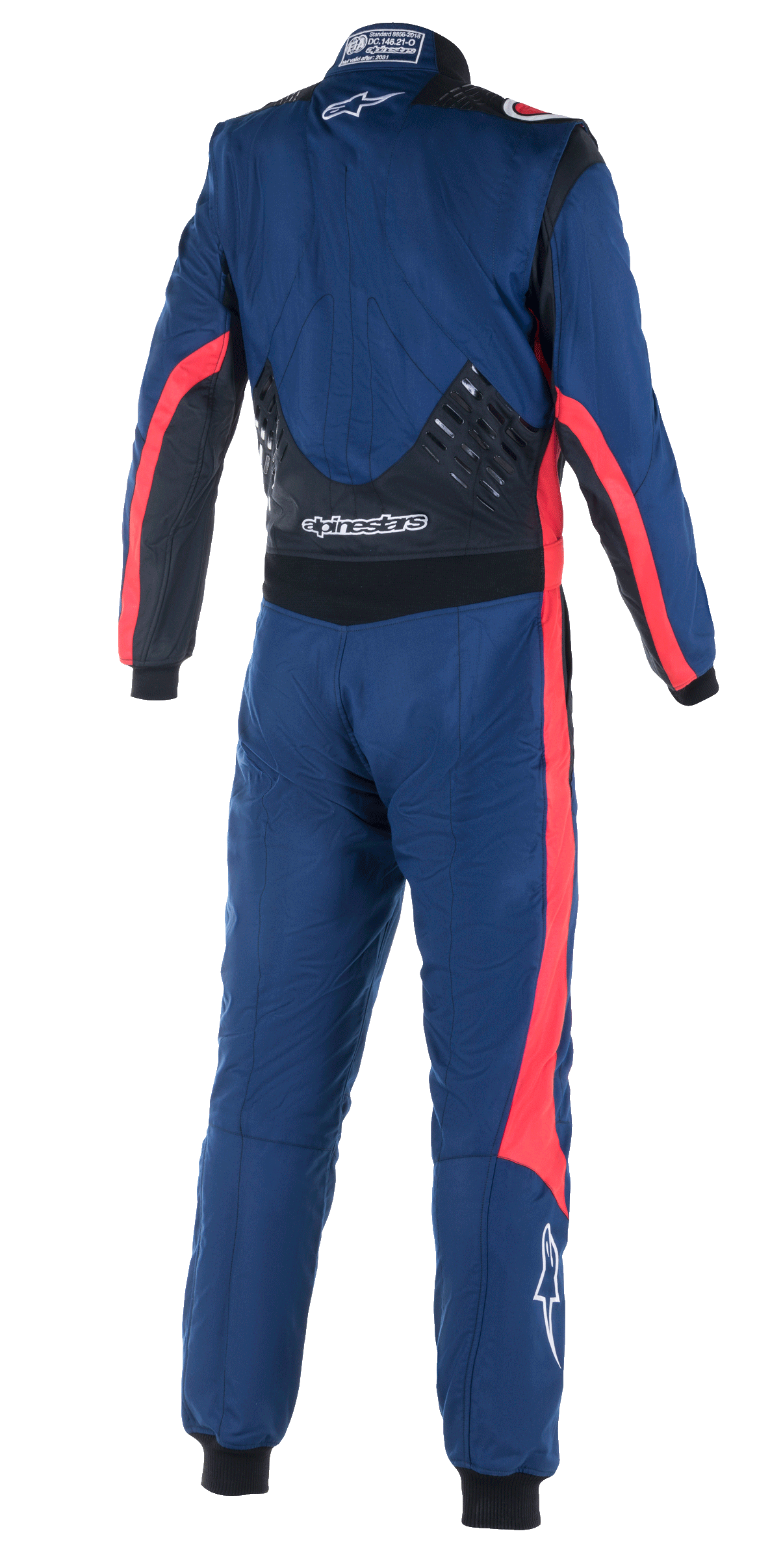 Alpinestars GP Pro Comp V2 FIA Suit, set bagfra af helkrops køredragt til bilsport, marineblå med sorte og røde detaljer, med silikonegrebspaneler på den nederste del af ryggen, røde racerstriber på ærmer og ben, og hvid Alpinestars-branding, professionelt performance-udstyr