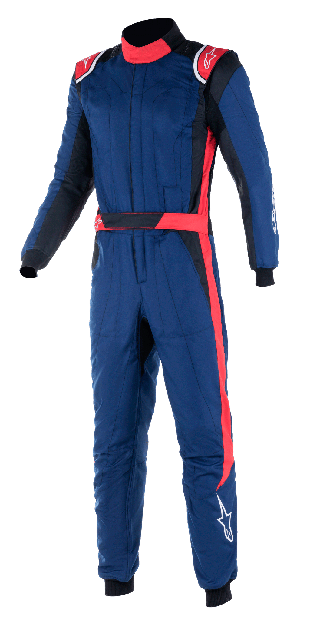 Alpinestars GP Pro Comp V2 FIA dragt, professionel heldragt til bilvæddeløb, marineblå med røde og sorte detaljer, med røde skulder-epauletter, høj krave og en rød stribe ned ad benet, beskyttelsesudstyr til motorsport