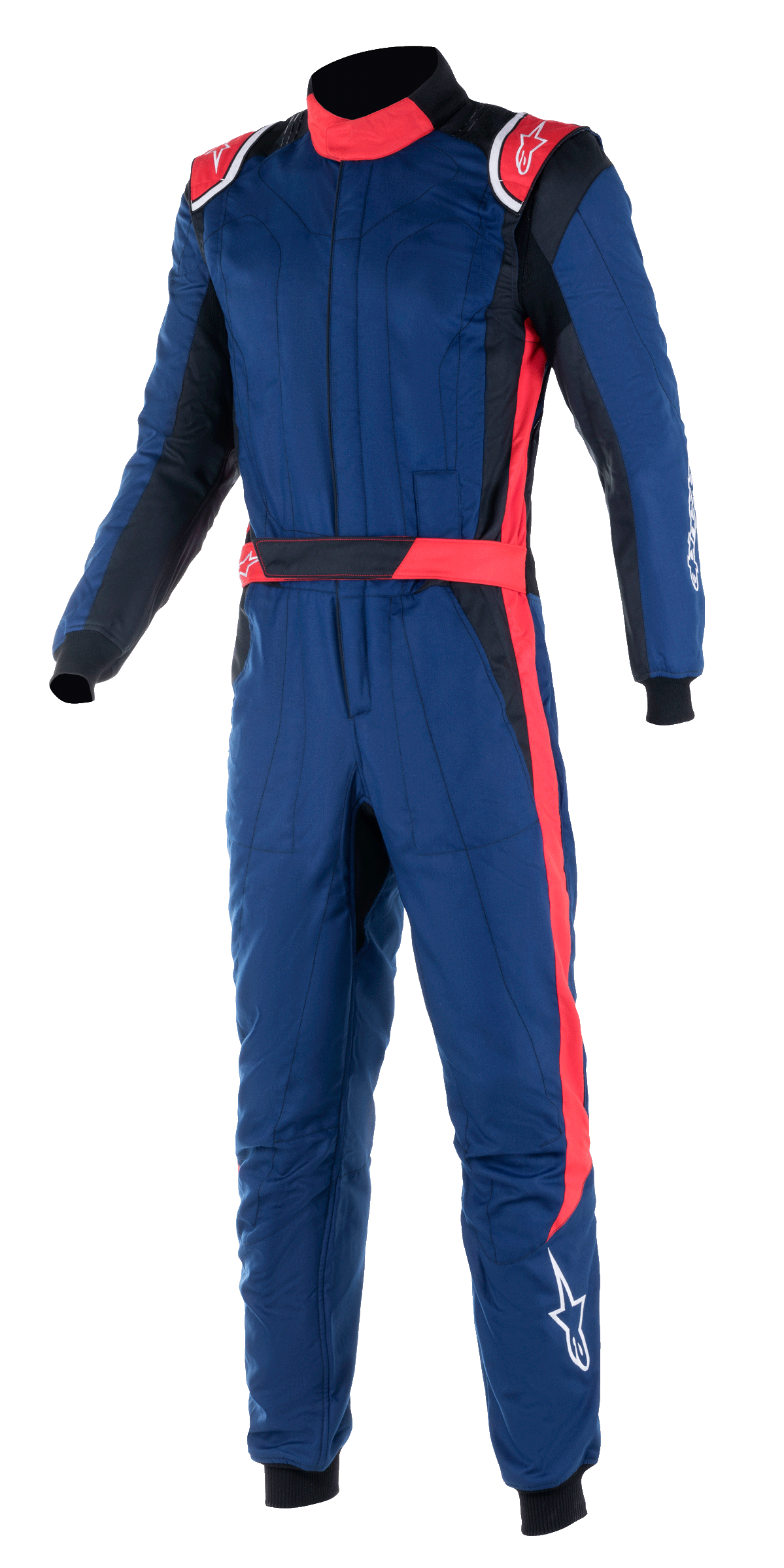 Alpinestars GP Pro Comp V2 FIA dragt, professionel heldragt til bilvæddeløb, marineblå med røde og sorte detaljer, med røde skulder-epauletter, høj krave og en rød stribe ned ad benet, beskyttelsesudstyr til motorsport