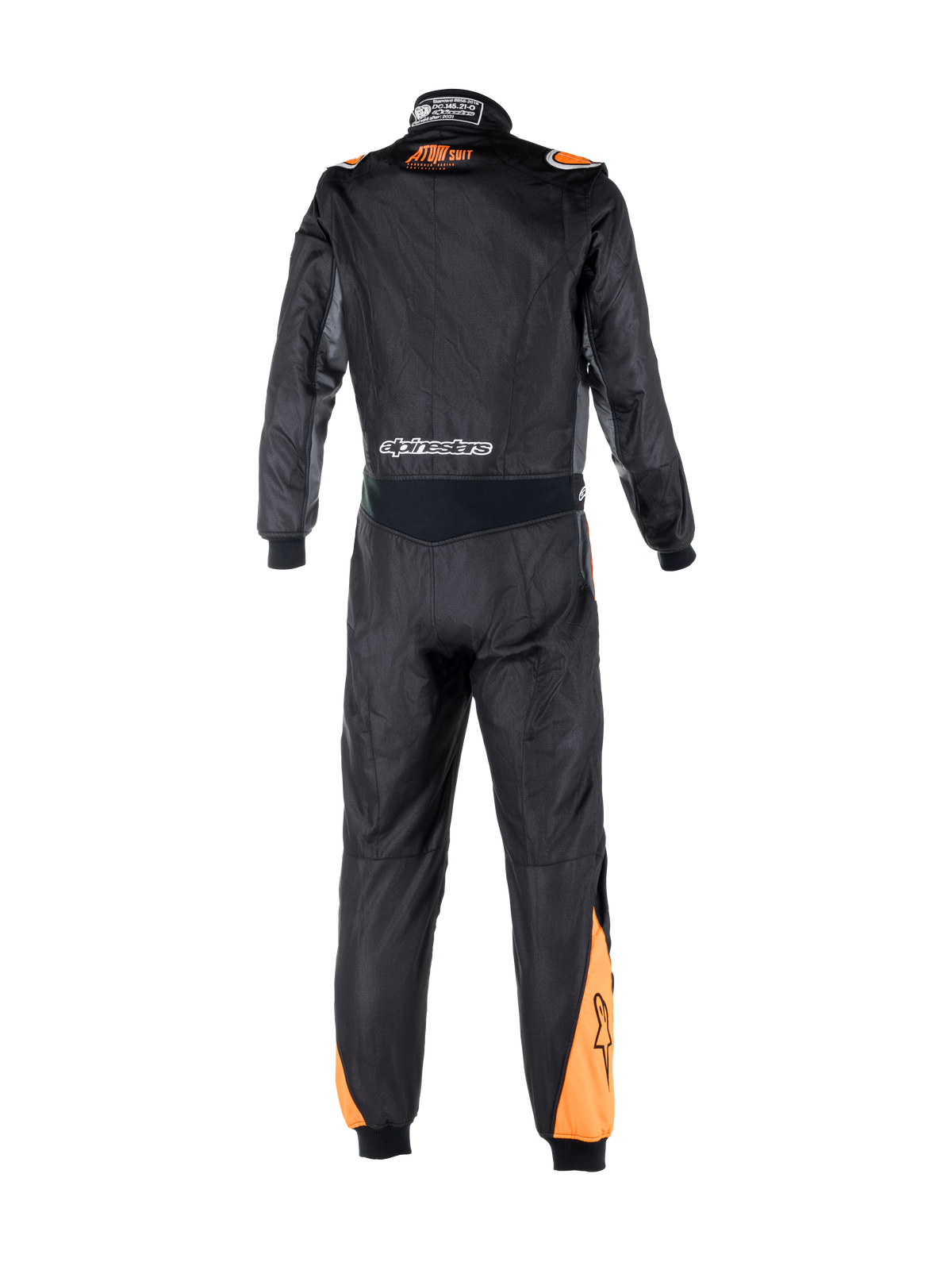Alpinestars Atom Graphic køredragt, FIA-certificeret 1-delt køredragt til bilsport, sort og fluo-orange, set bagfra med fokus på strækpanel i taljen, brandlogoer og flammebestandig aramidkonstruktion.