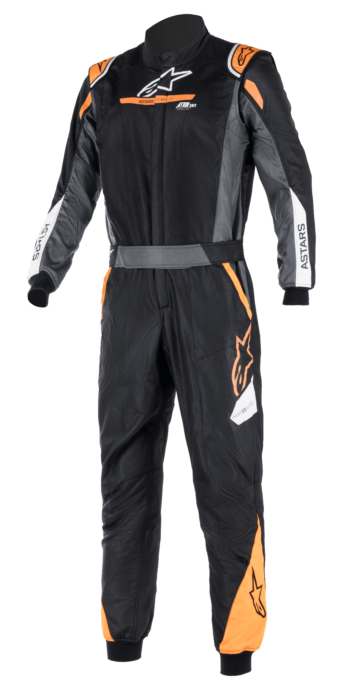 Alpinestars Atom FIA Graphic Suit, Black and Anthracite with Orange Fluo accents, one-piece FIA-certified auto racing suit, high collar, ASTARS branding on sleeves, professional motorsport and track competition gear
