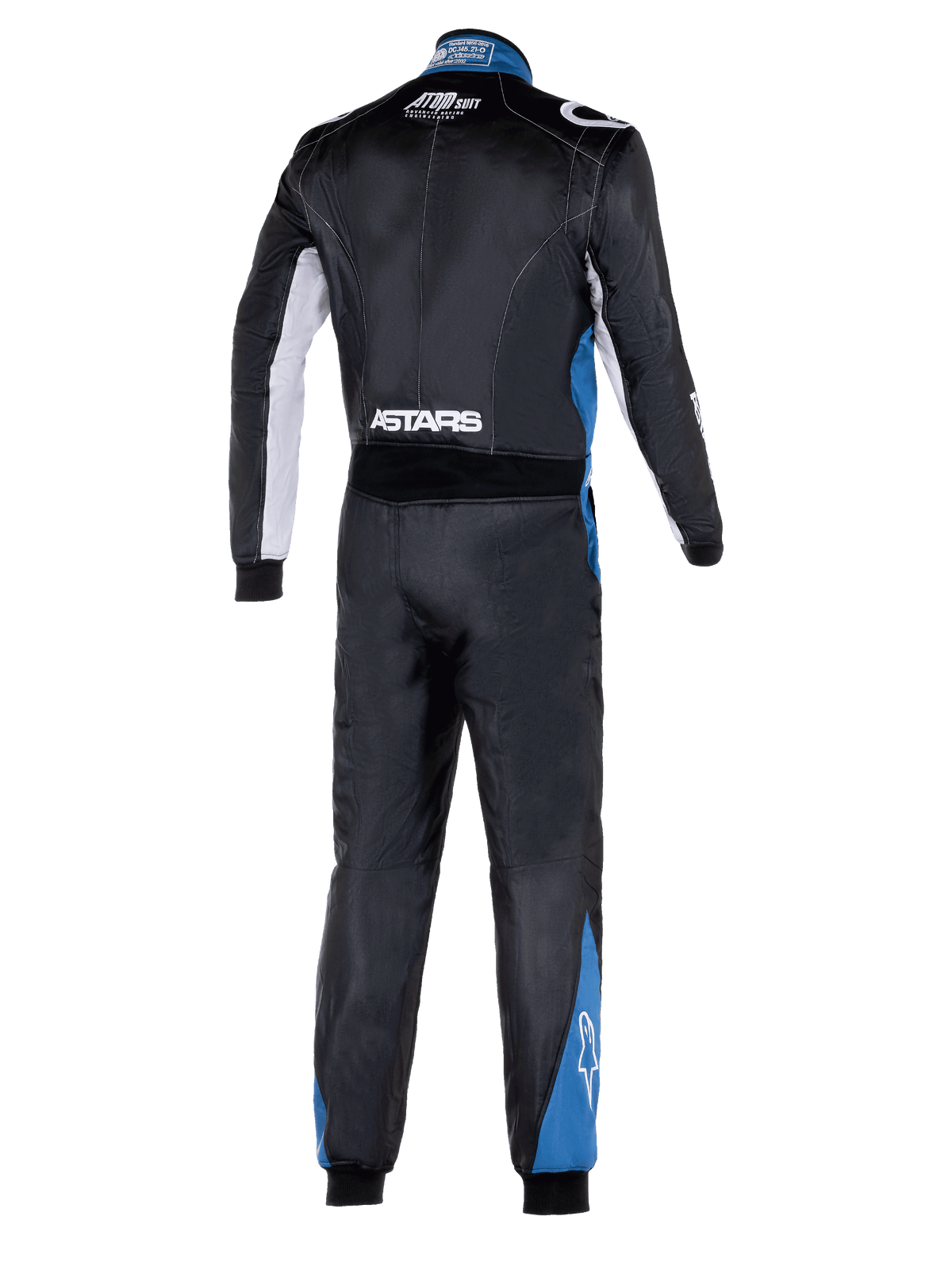 Alpinestars Atom Graphic 4 køredragt, fuldkropsvisning bagfra af auto køredragt, sort med sølv- og blå detaljer, hvidt ASTARS-branding på taljen og blå paneler på benene, professionelt FIA-certificeret motorsport-beskyttelsestøj