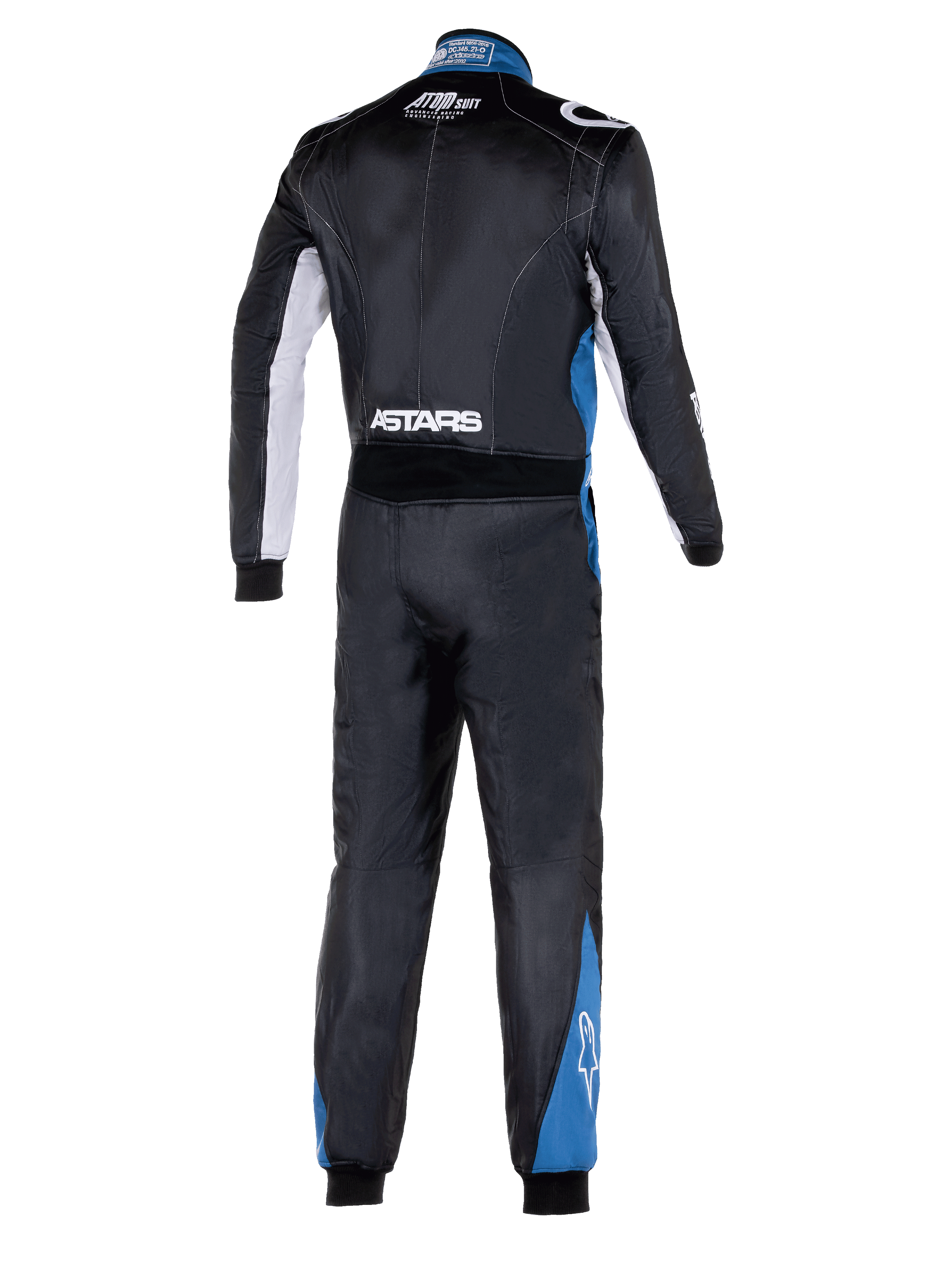 Alpinestars Atom Graphic 4 køredragt, fuldkropsvisning bagfra af auto køredragt, sort med sølv- og blå detaljer, hvidt ASTARS-branding på taljen og blå paneler på benene, professionelt FIA-certificeret motorsport-beskyttelsestøj