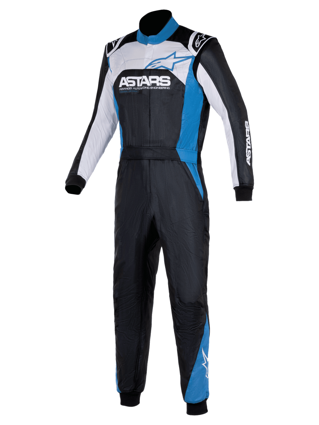 Alpinestars Atom Graphic 4 køredragt, ét-delt racerdragt til bilsport, sort, sølv og blå, med markant ASTARS-branding på brystet, hvide og blå paneler, høj krave og ribbede manchetter, professionelt beskyttelsesudstyr til motorsport