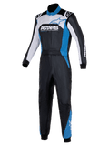 Alpinestars Atom Graphic 4 køredragt, ét-delt racerdragt til bilsport, sort, sølv og blå, med markant ASTARS-branding på brystet, hvide og blå paneler, høj krave og ribbede manchetter, professionelt beskyttelsesudstyr til motorsport