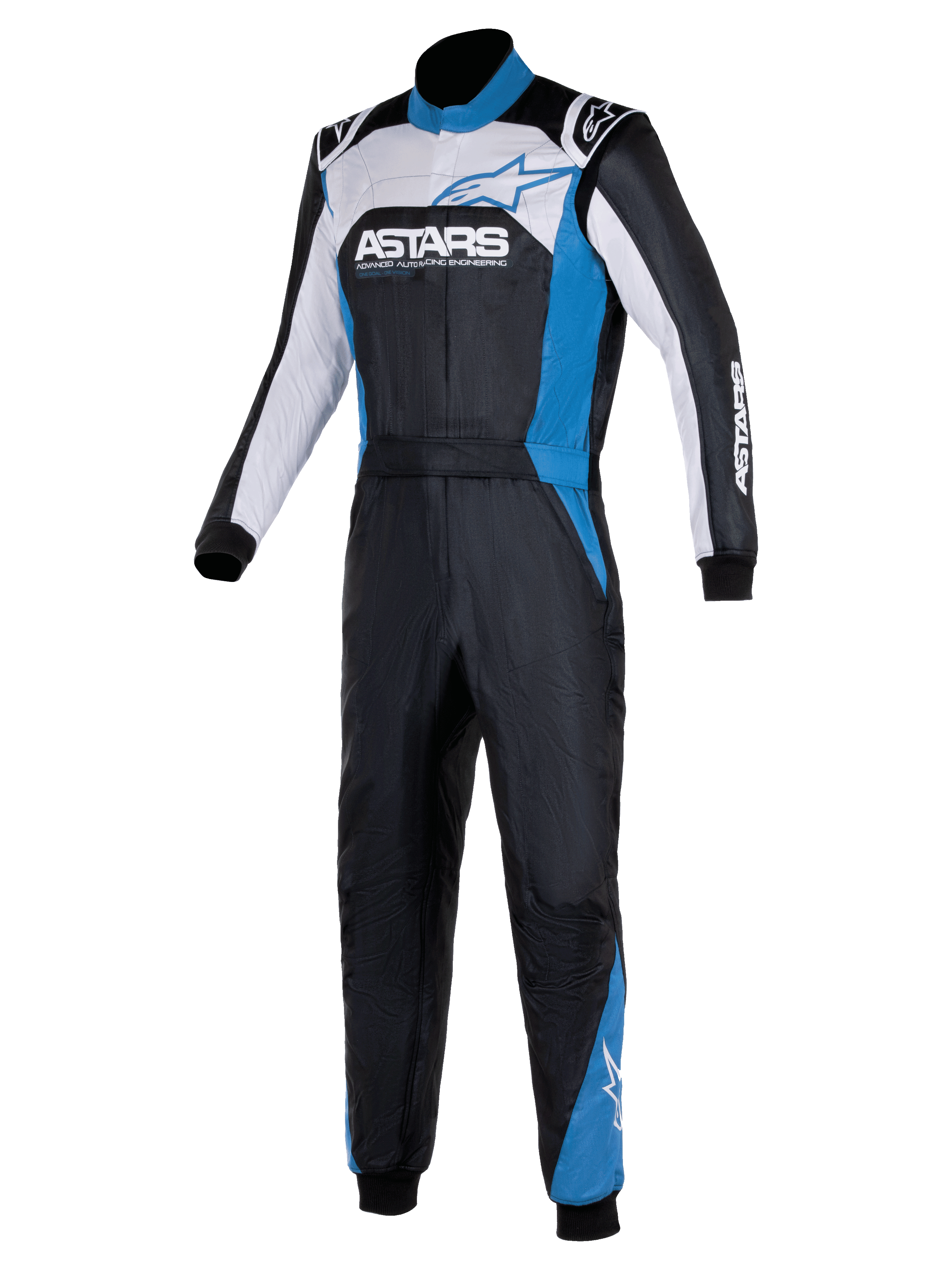 Alpinestars Atom Graphic 4 Suit, One-Piece Auto Racing Suit, Black Silver and Blue, featuring bold ASTARS branding on the chest, white and blue panels, high collar, and ribbed cuffs, professional motorsport protective apparel