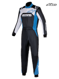 Alpinestars Atom Graphic 4 køredragt, herre-autoracerdragt i sort, sølv og blå, set forfra, med to-lags aramidkonstruktion og FIA-certificering