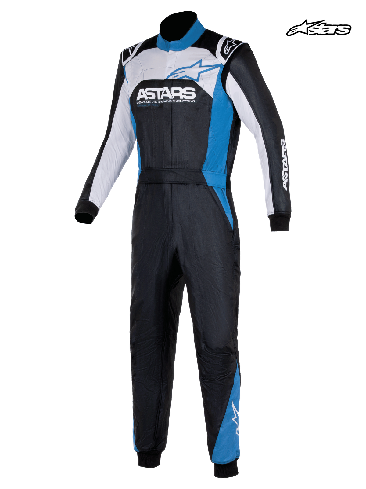 Alpinestars Atom Graphic 4 Suit - FIA, men's auto racing suit in black, silver, and blue, front view showing two-layer aramidic construction and FIA 8856-2018 certification