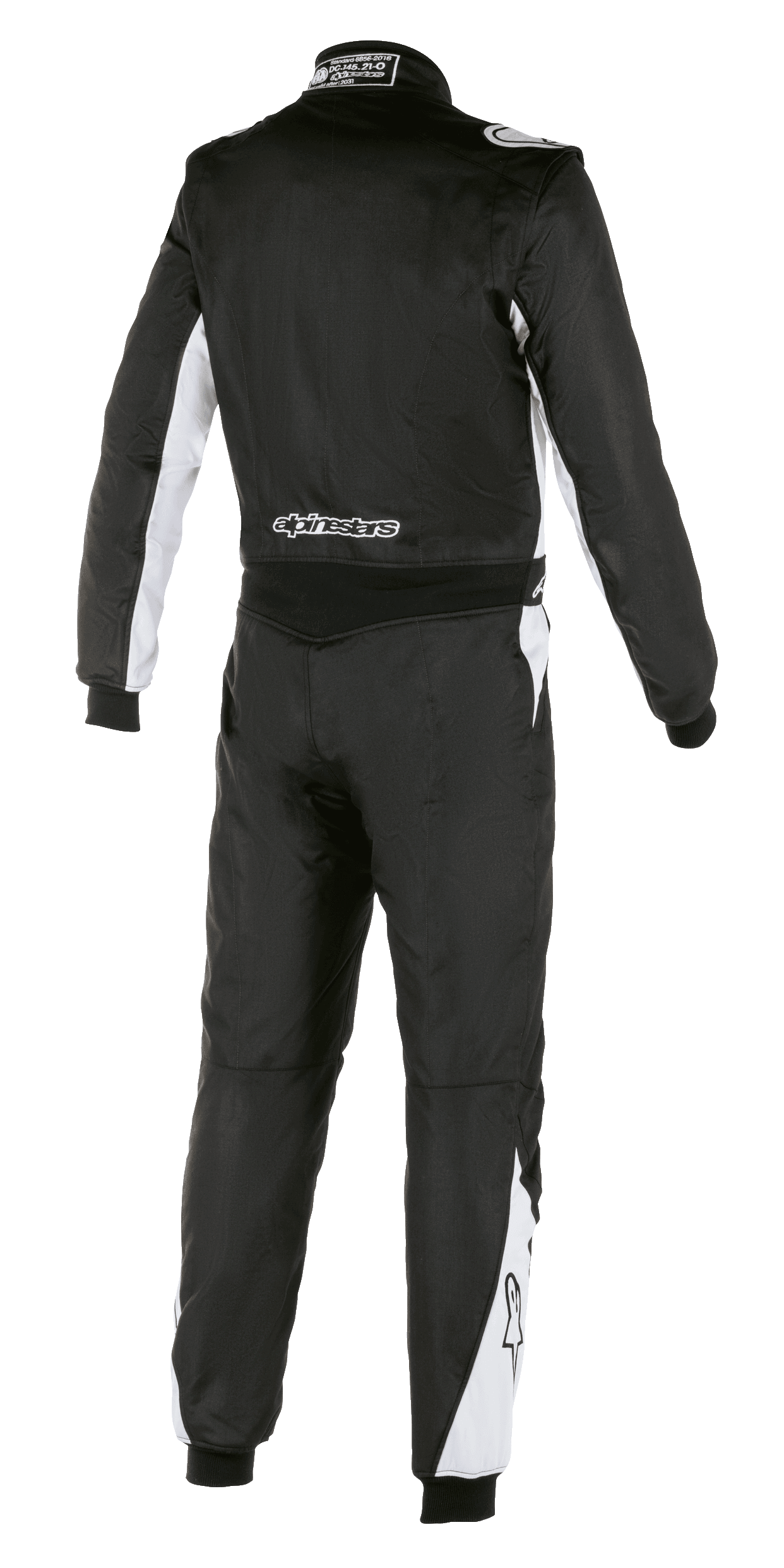 Alpinestars Atom FIA-dragt, autokøredragt, sort og sølv, set bagfra, med hvide detaljer på ærmer og ben, Alpinestars-logo på lænden, holdbar aramidkonstruktion til professionel motorsport