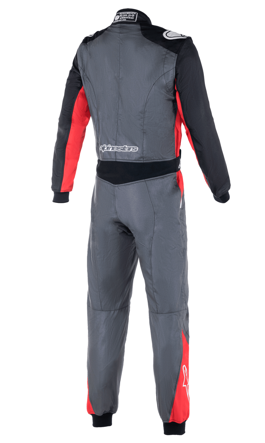 Alpinestars Atom FIA Suit, auto-køredragt, antracitgrå, rød og sort, set bagfra, viser strækpaneler i taljen, skulderepauletter og Alpinestars-branding på lænden og skuldrene.