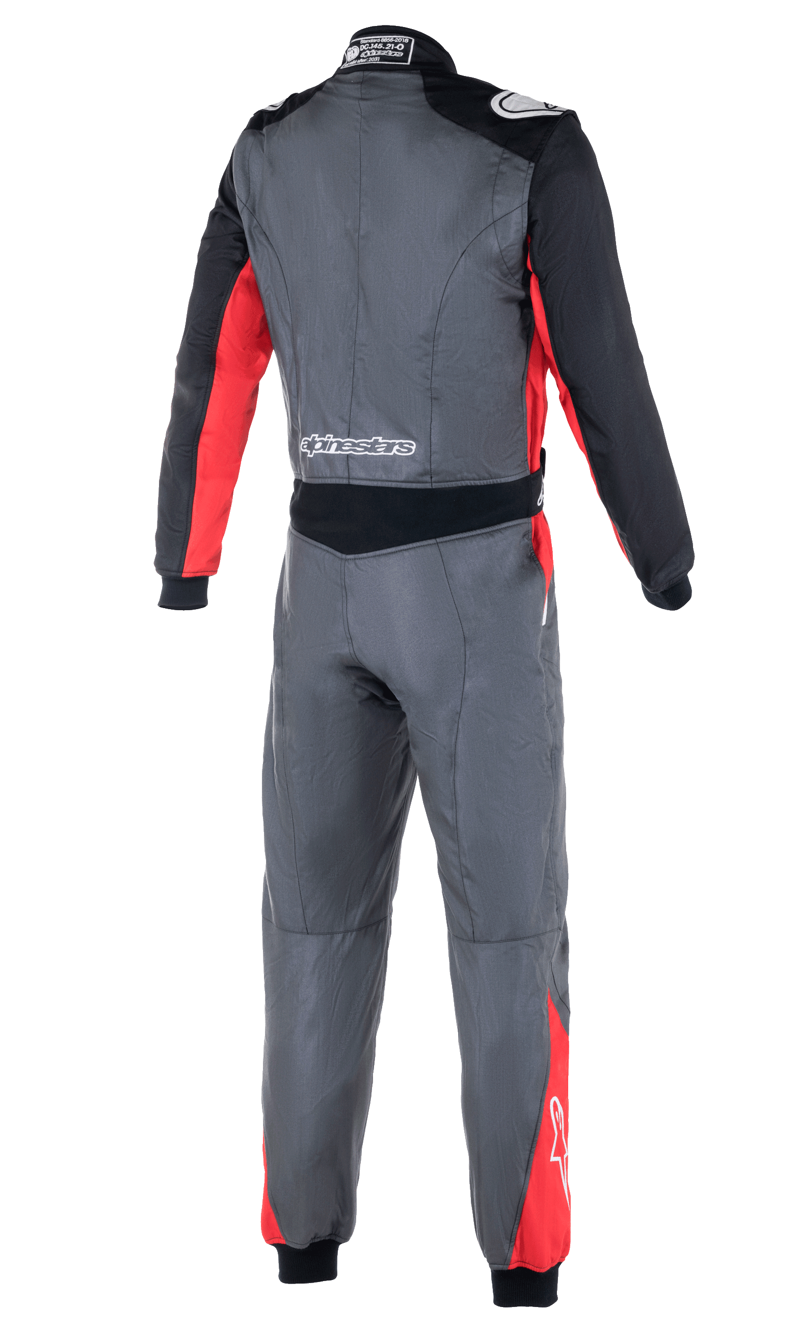 Alpinestars Atom FIA Suit, auto-køredragt, antracitgrå, rød og sort, set bagfra, viser strækpaneler i taljen, skulderepauletter og Alpinestars-branding på lænden og skuldrene.