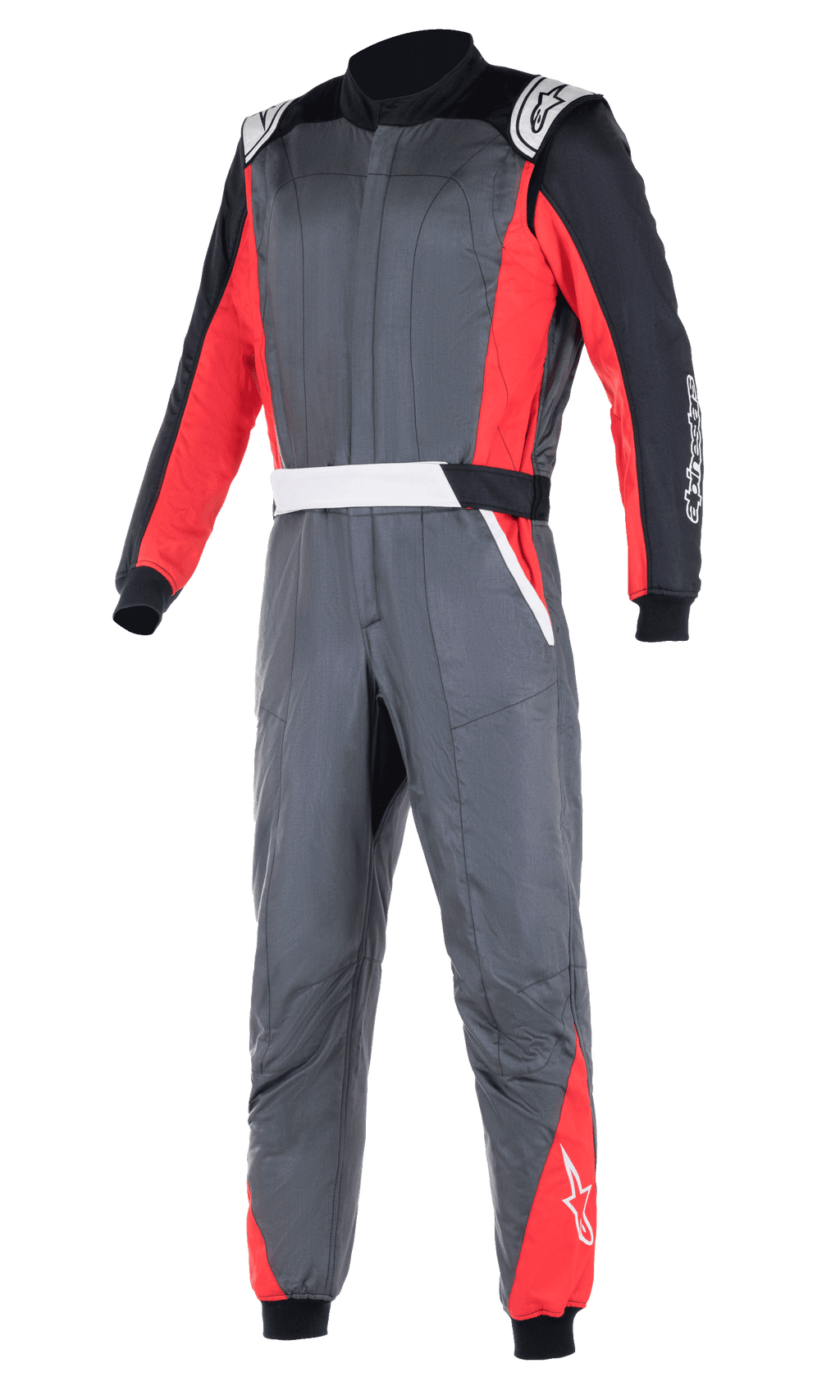 Alpinestars Atom FIA-dragt, professionel bilracingdragt, antracitgrå med røde og sorte paneler, hvide skulderepauletter og logoer, to-lags konstruktion til varme- og flammebeskyttelse