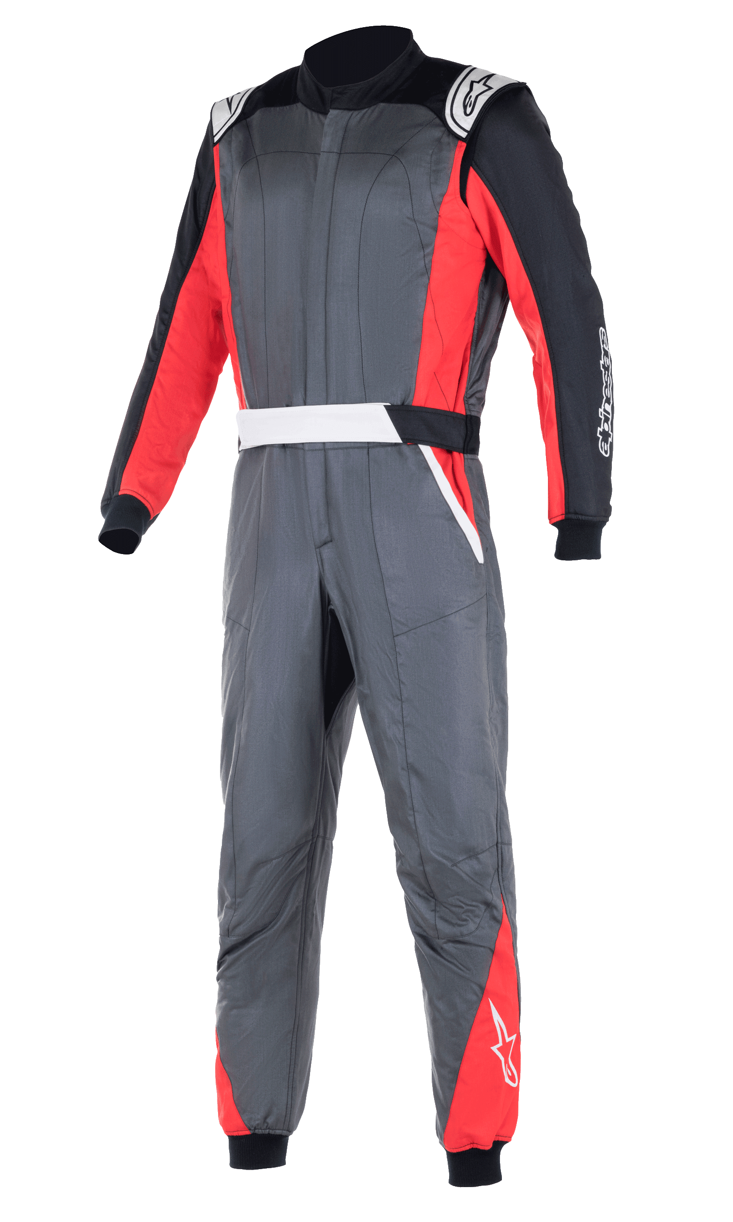 Alpinestars Atom FIA Suit, Professional Auto Racing Suit, Anthracite Gray with Red and Black Panels, featuring white shoulder epaulettes and logo branding, two-layer construction for heat and flame protection