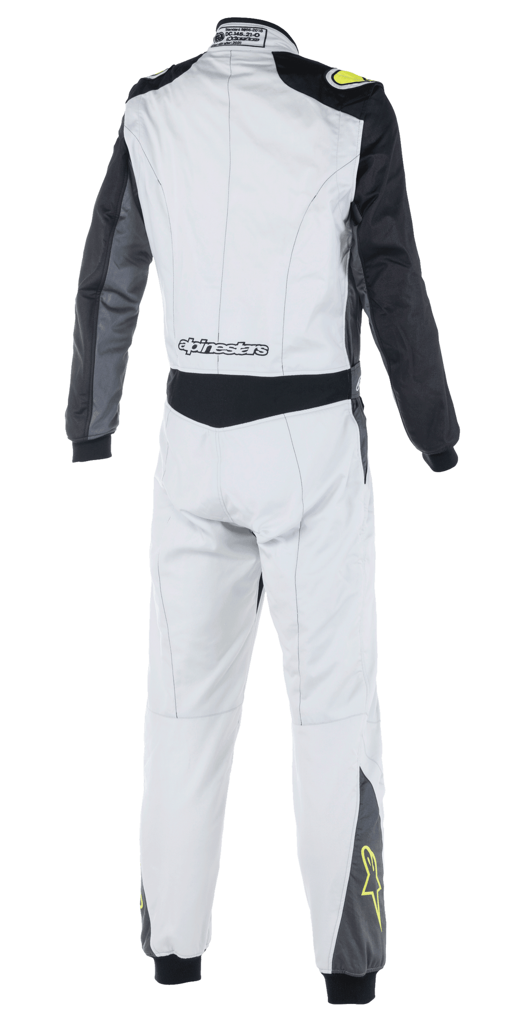 Alpinestars Atom FIA Suit, auto-køredragt, sølv, antracit og fluoriserende gul, set bagfra med sorte ærmer og taljepanel, Alpinestars-branding på lænden, gule stjernelogoer på underbenene, FIA-certificeret motorsportstøj