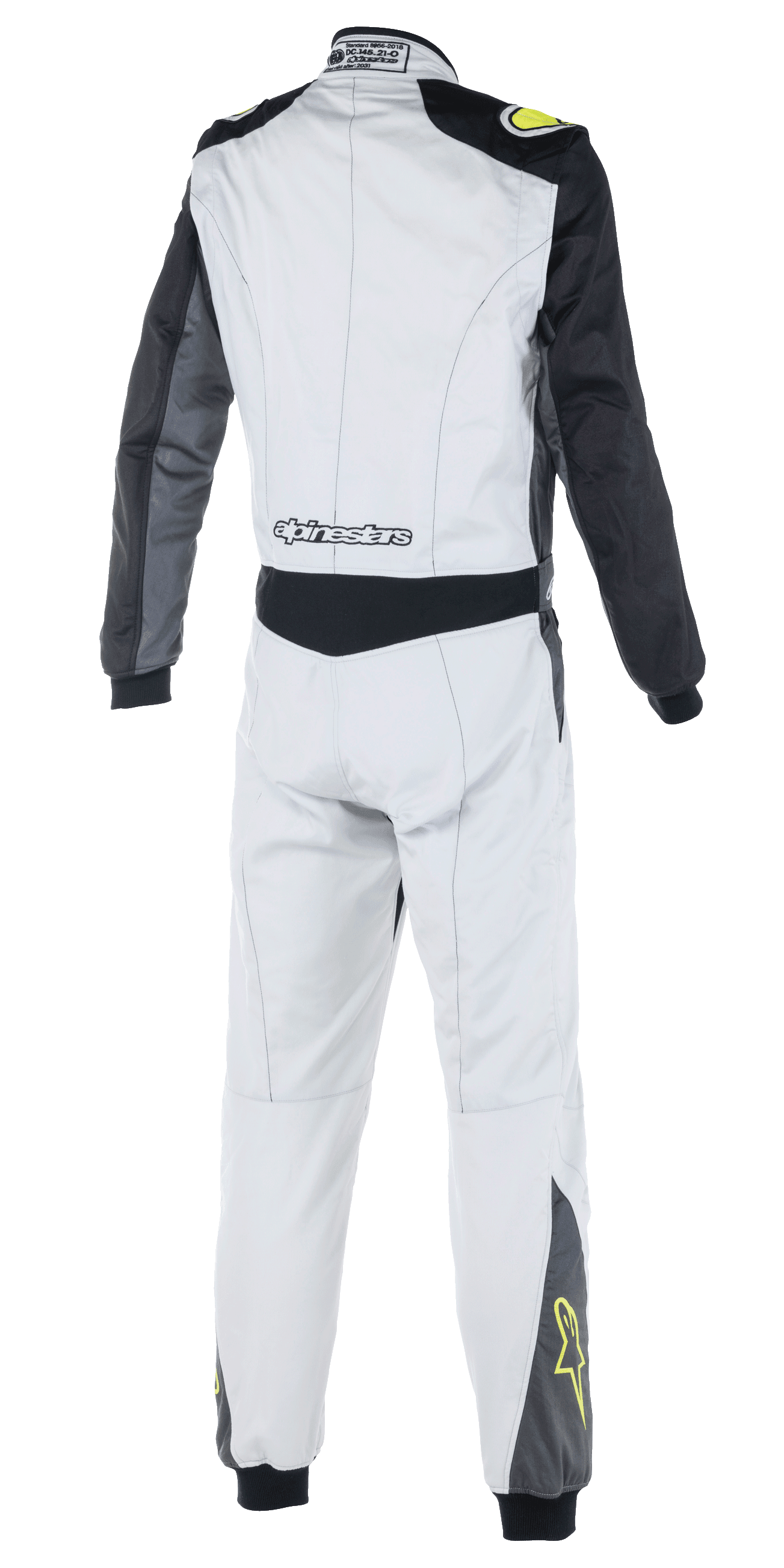 Alpinestars Atom FIA Suit, auto-køredragt, sølv, antracit og fluoriserende gul, set bagfra med sorte ærmer og taljepanel, Alpinestars-branding på lænden, gule stjernelogoer på underbenene, FIA-certificeret motorsportstøj