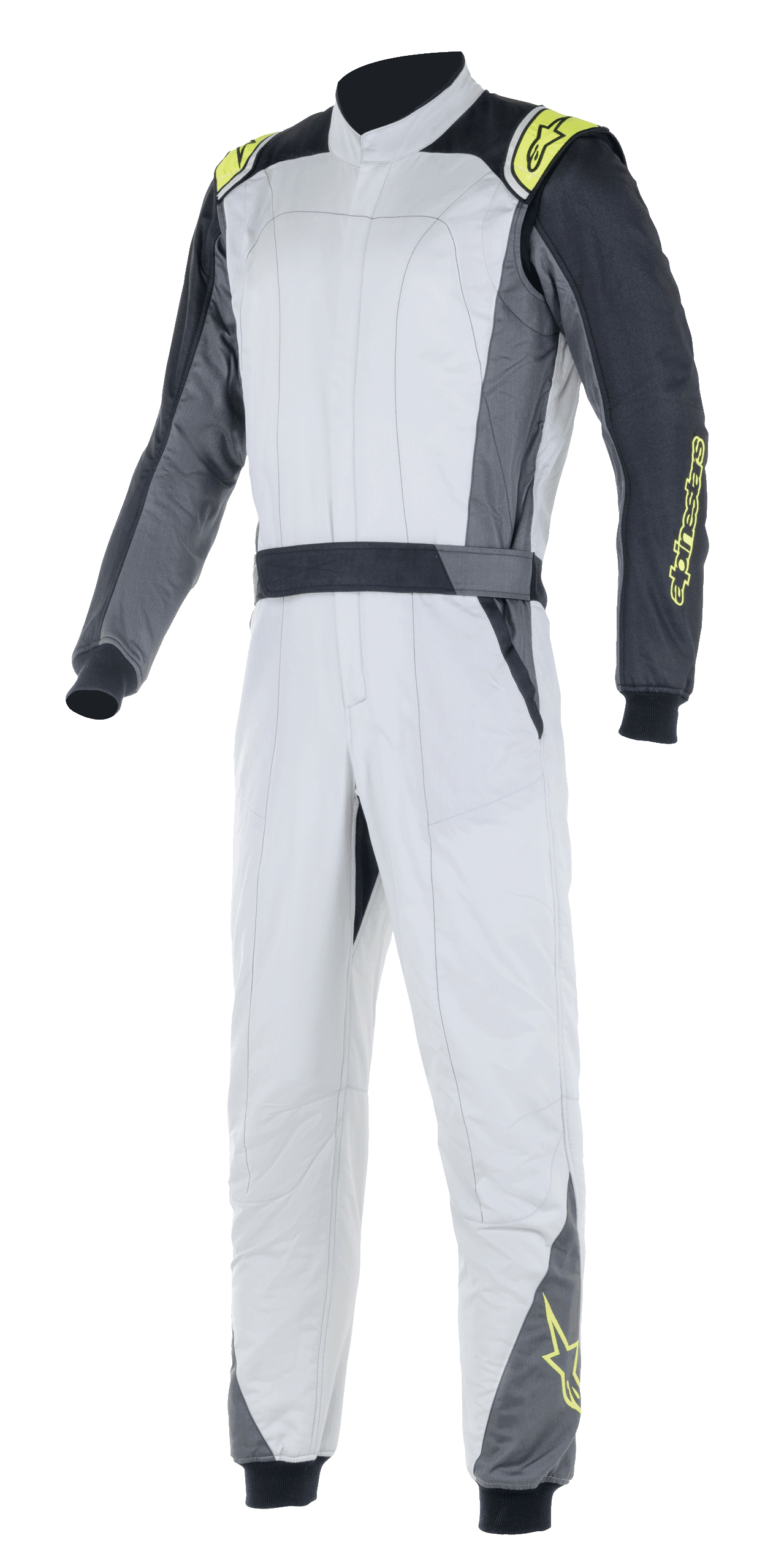 Alpinestars Atom FIA racerdragt, autoracerdragt, sølv og antracit med neon-gule detaljer, heldragt med høj krave og elastiske manchetter, professionelt beskyttelsesudstyr til motorsport