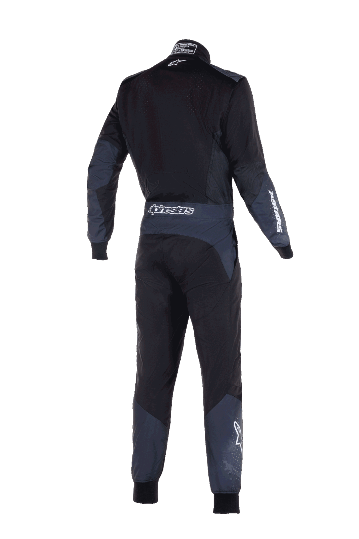 Alpinestars KMX-5 V3 dragt, kartingdragt, sort og Dark Shadow, set bagfra med hvidt Alpinestars-logo på taljen og ærmet, mørkegrå tekniske paneler på arme og ben, strømlinet performance-design.